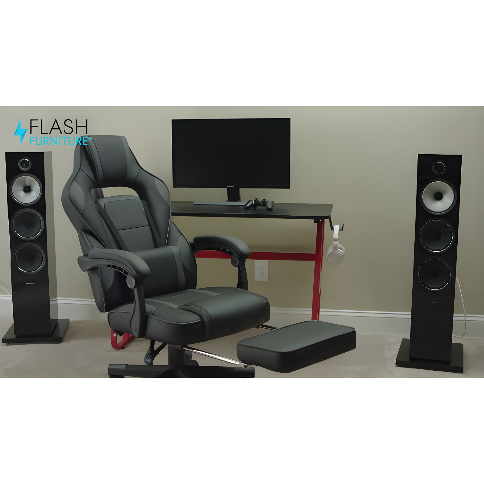 Flash Furniture X40 Gaming Chair Racing Ergonomic Computer Chair with Fully Reclining Back/Arms, Slide-Out Footrest, Massaging Lumbar - Black