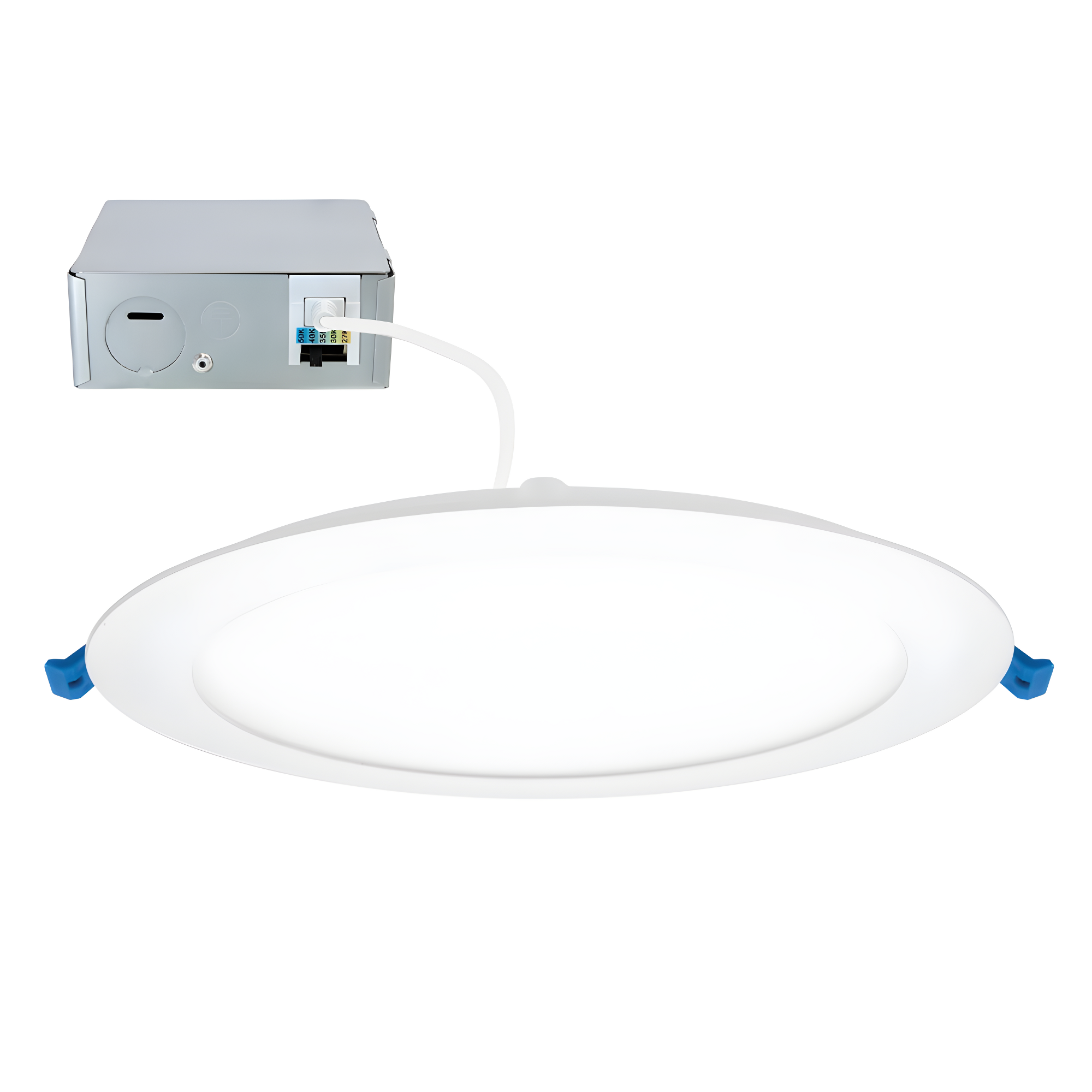 Maxxima 8 in. 5CCT Round Recessed LED Downlight, 1600 Lumens Slim Round Flat Panel Color Selectable 2700K-5000K (2700K/3000K/3500K/4000K/5000K), Dimmable, Canless IC Rated, White Trim, J-Box Included