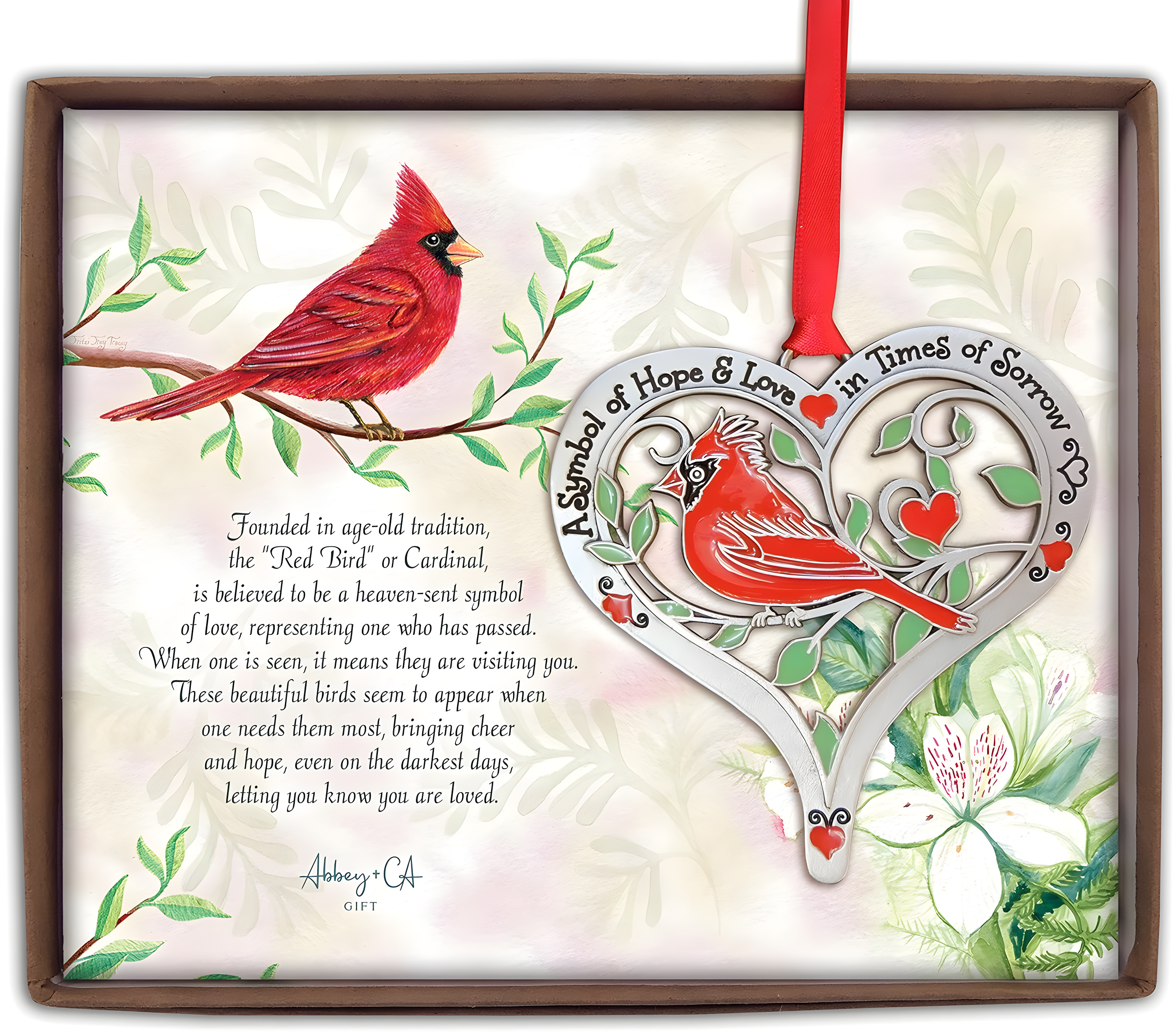 Abbey & CA Gift Hope & Love Cardinal Ornament W/Epoxy On Red Ribbon, Multi