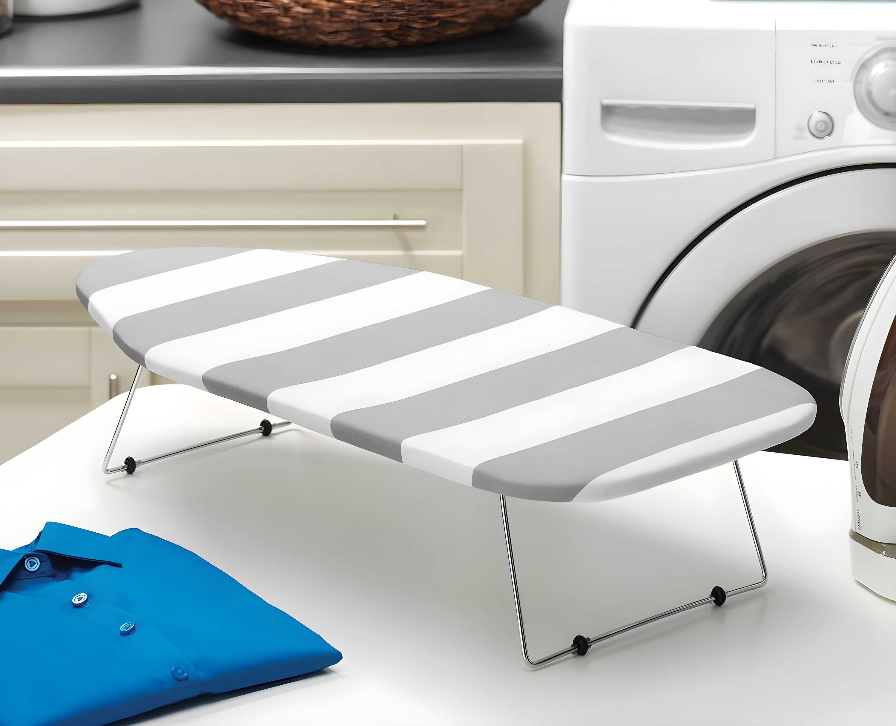 Grey and White Striped Tabletop Ironing Board with Steel Legs
