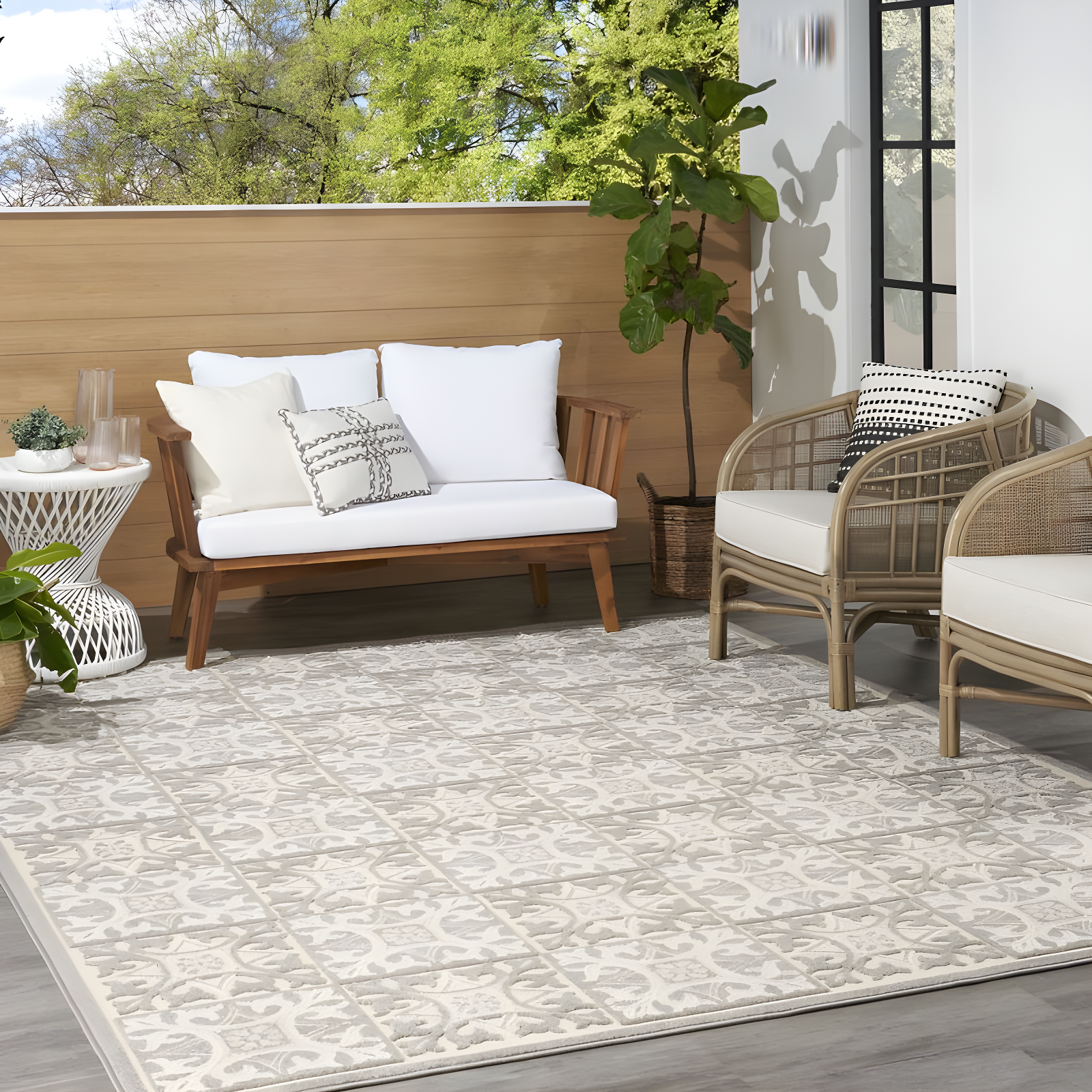 Nourison Aloha Modern Mosaic Flatweave High-Low Indoor Outdoor Area Rug Ivory Grey 6' x 9'
