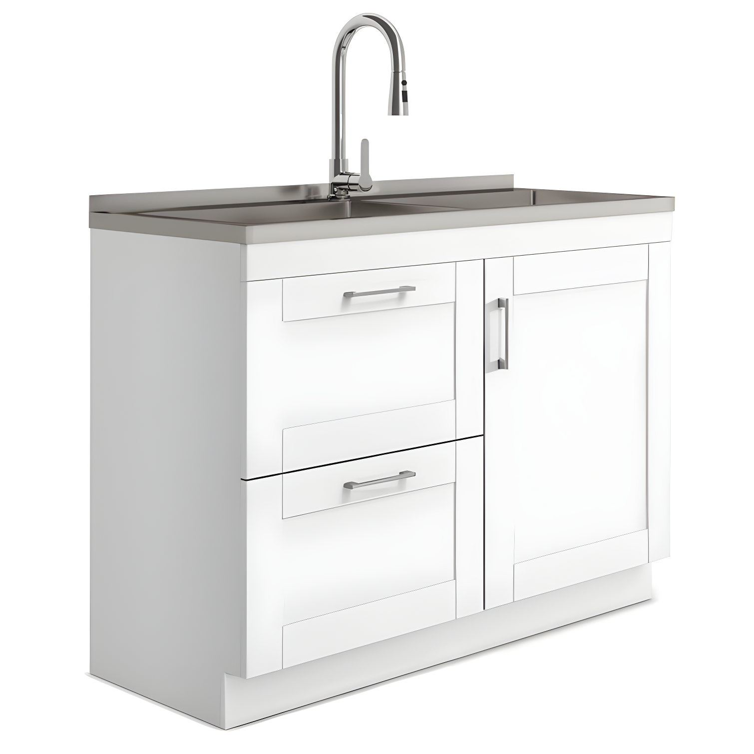 Modern Wide Shaker 46"W Utility Sink & Laundry Cabinet with High-Arc Facet and Stainless Steel Sink, White