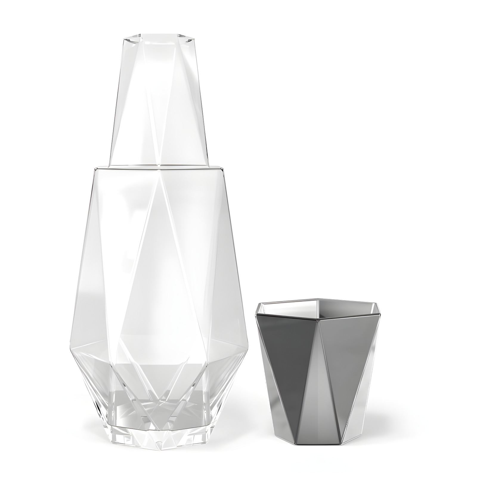 Fifth Avenue Crystal Geometric Bedside Night Water Carafe and Tumbler Lid, 2-Piece,Silver