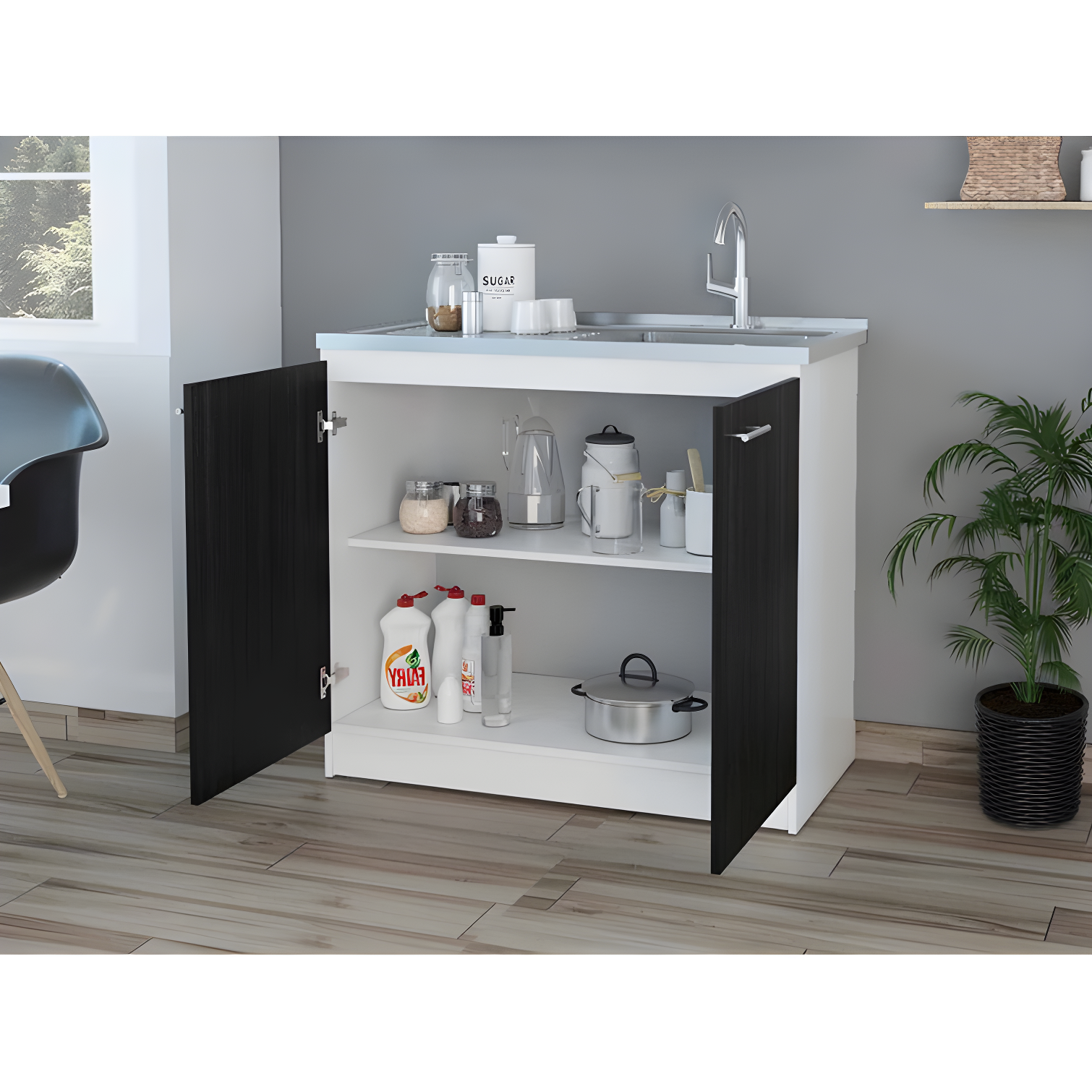 Napoles Utility Sink Cabinet With Integrated Steel Sink, Dark Walnut Frame