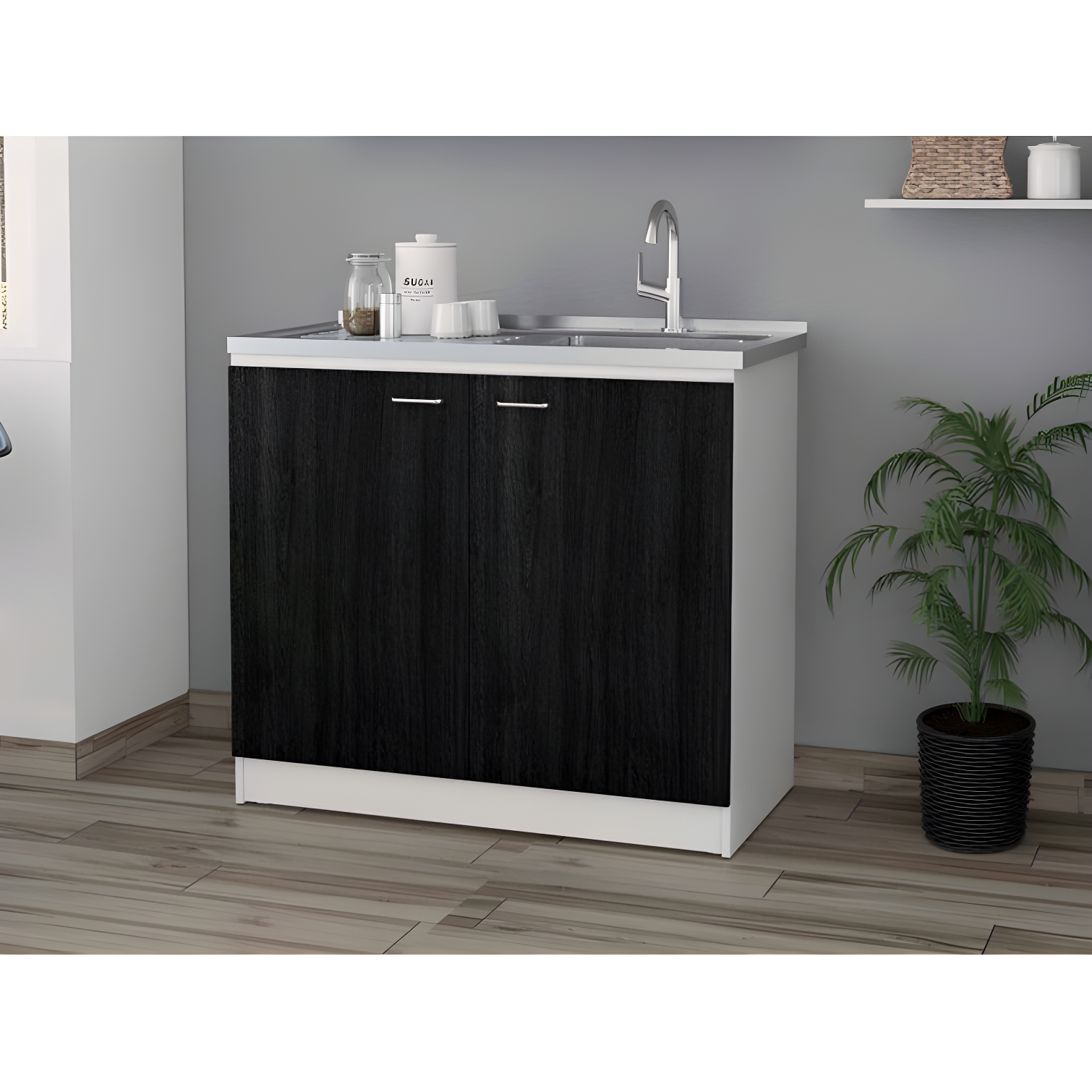 Napoles Utility Sink Cabinet With Integrated Steel Sink, Dark Walnut Frame