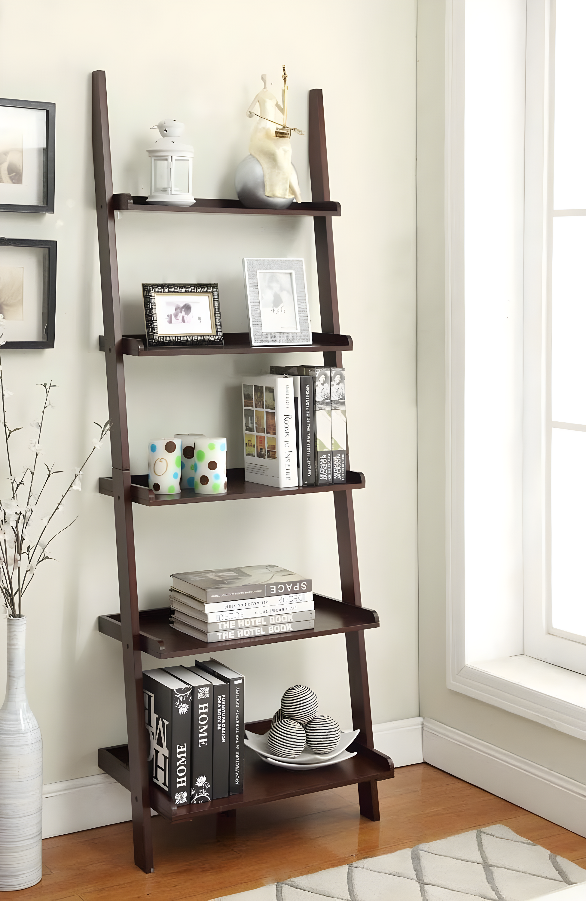 Espresso Solid Wood 5-Tier Ladder Bookshelf