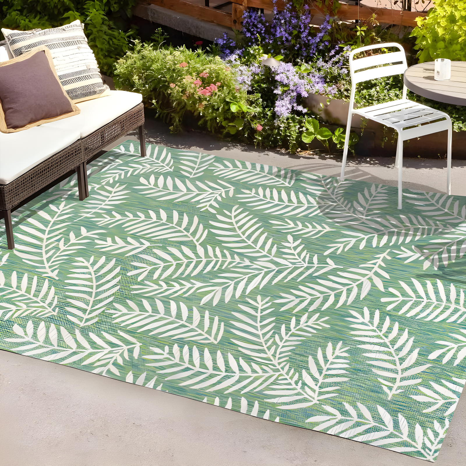 3' x 5' Nevis Palm Frond Indoor/Outdoor Area Rug, Cream/Green - JONATHAN Y