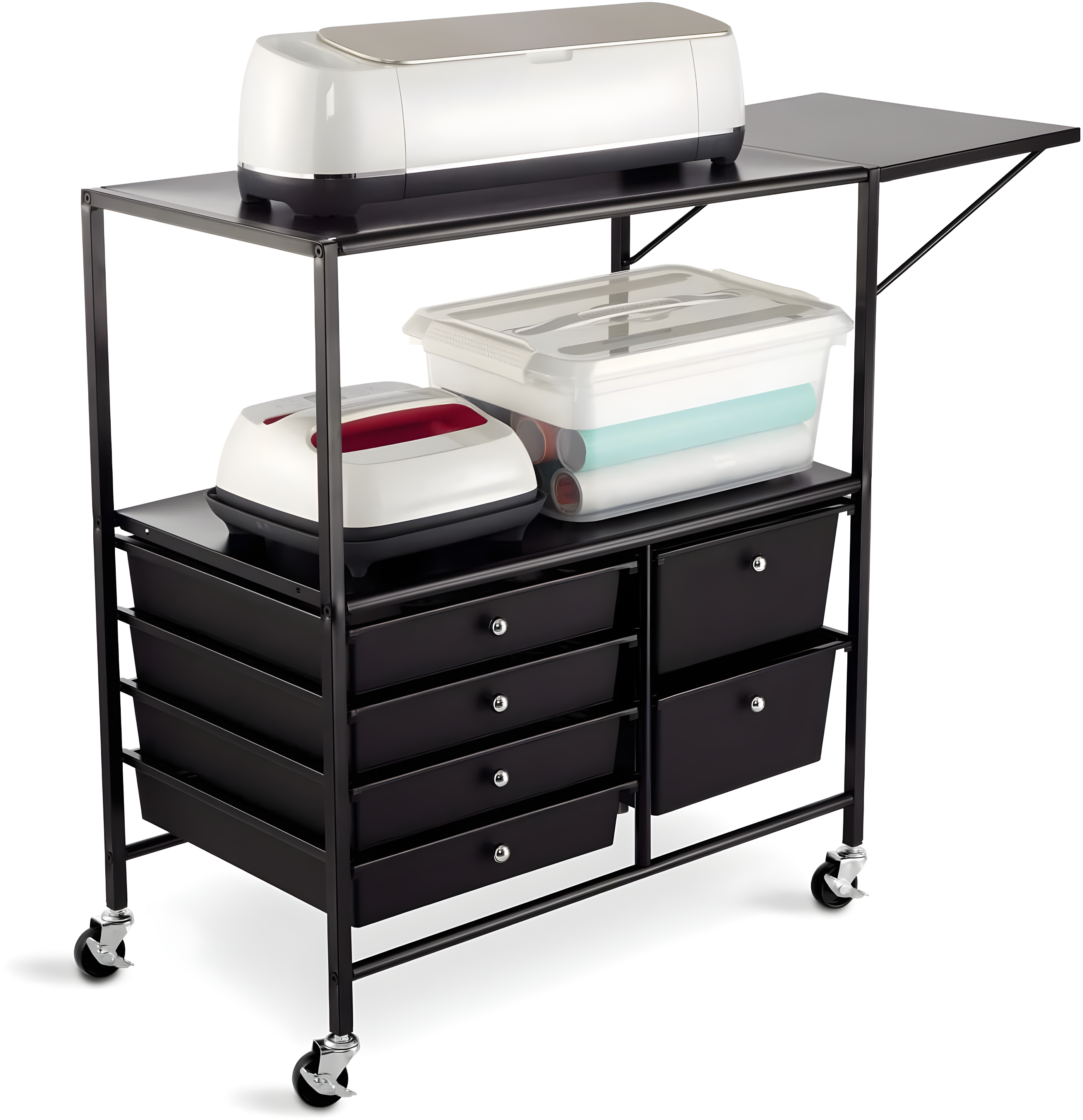 Essex Black Drawers & Rolling Cart with Tray and Extendable Table by Simply Tidy - Multi-Functional Storage Cart for Art & Craft Supplies - 1 Pack