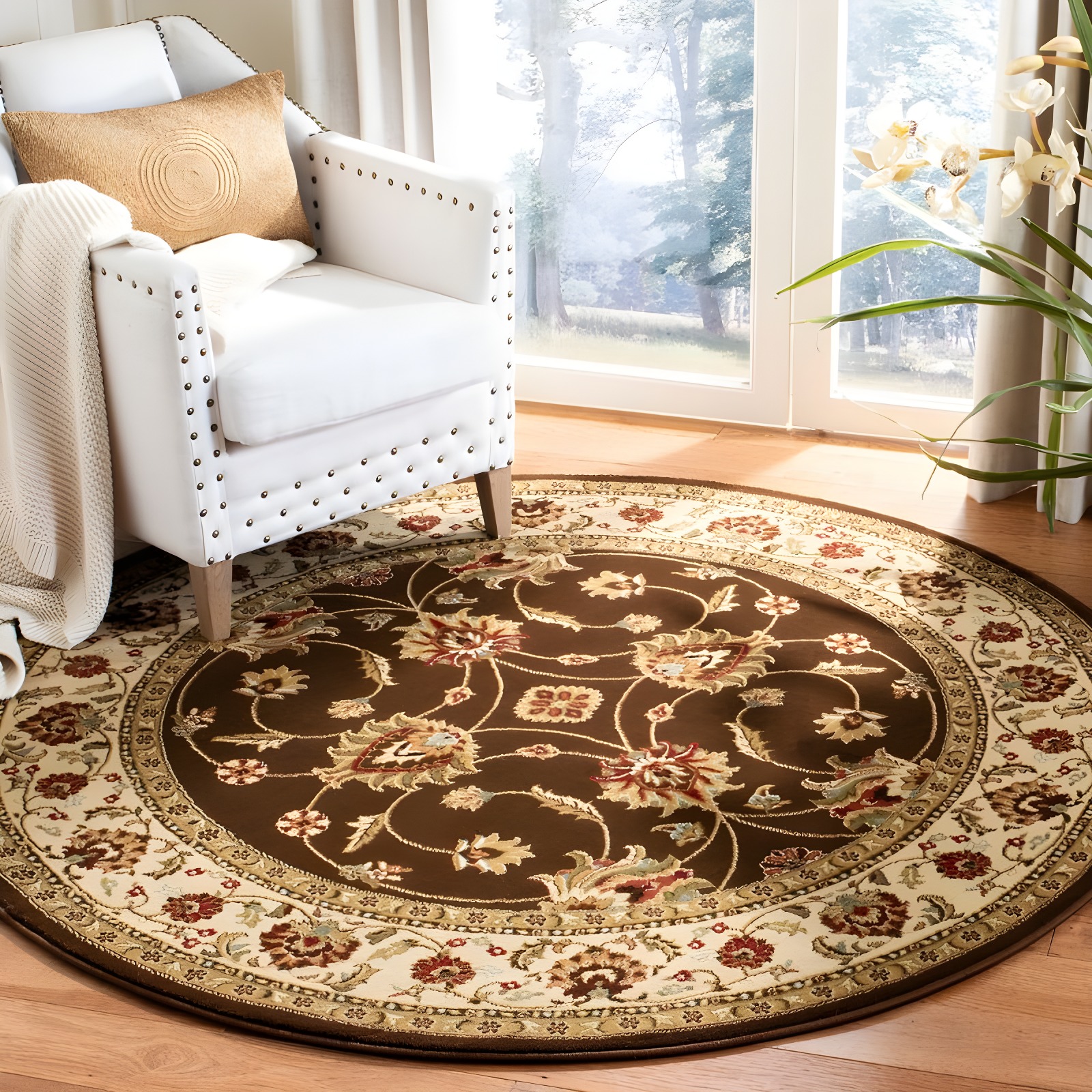 Lyndhurst LNH553 Power Loomed Area Rug - Brown/Ivory - 5'3" Round - Safavieh.