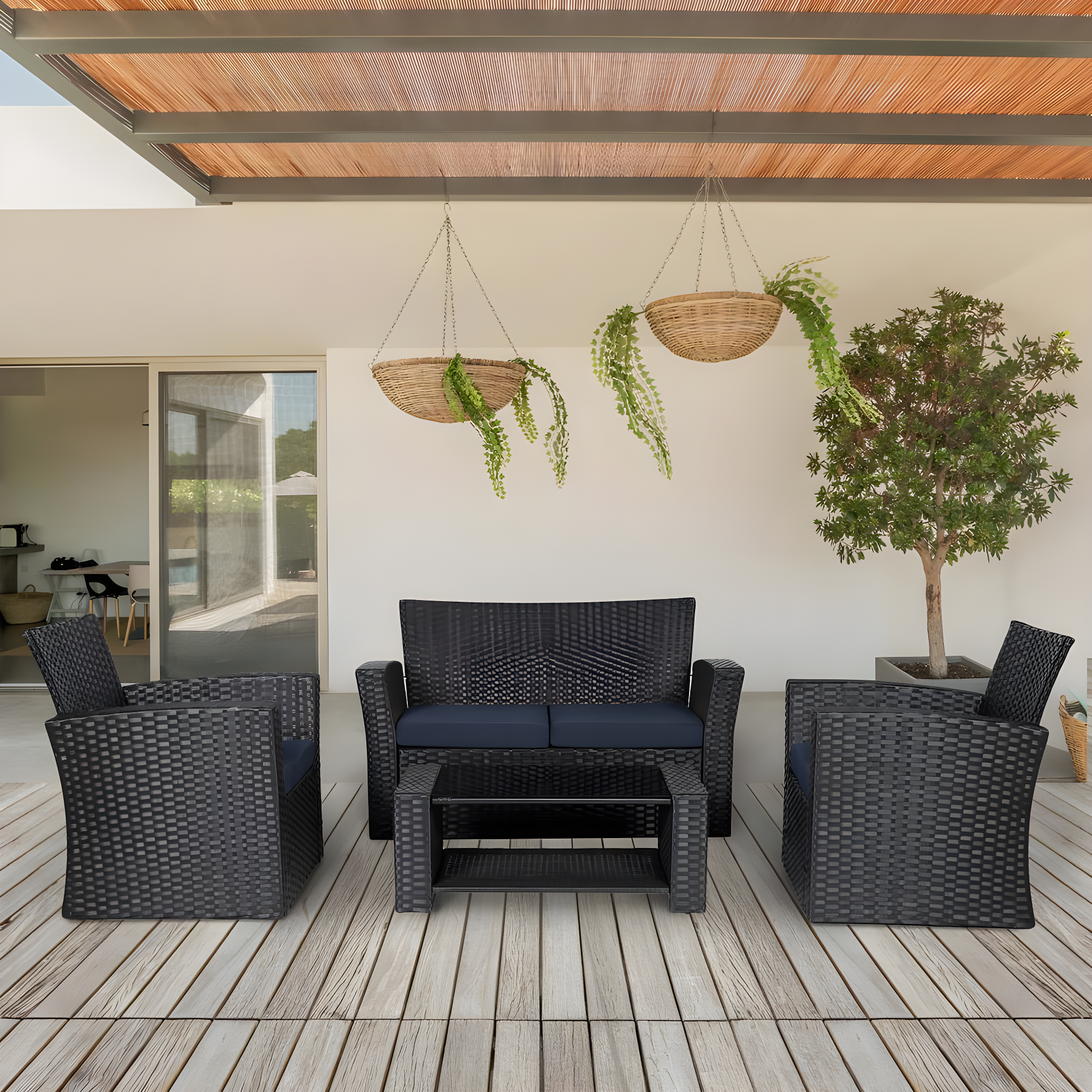4-Piece Conversation Outdoor Patio Sofa Set with Cushions, Black/Navy Blue