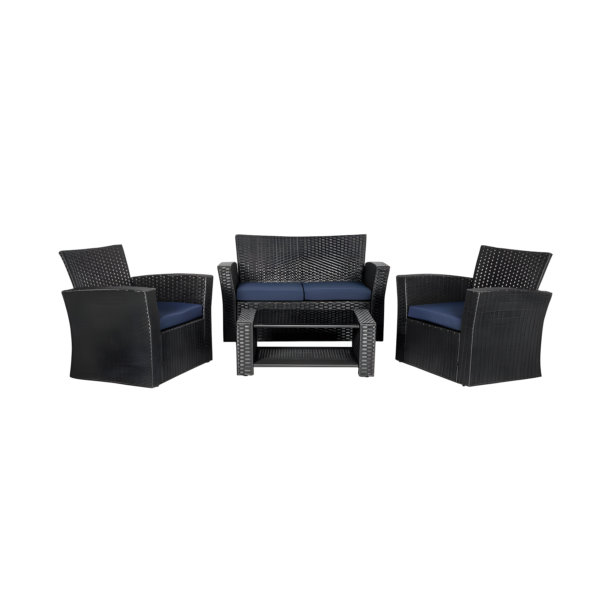 4-Piece Conversation Outdoor Patio Sofa Set with Cushions, Black/Navy Blue