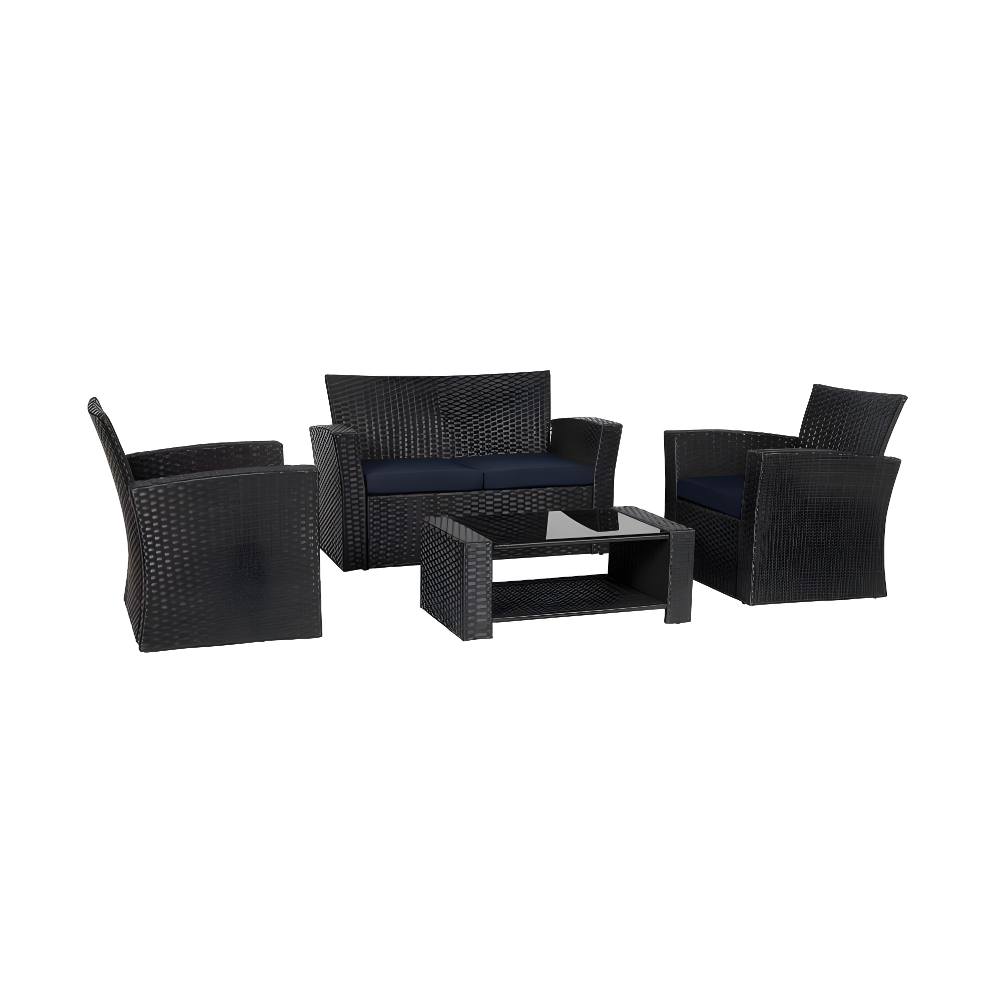4-Piece Conversation Outdoor Patio Sofa Set with Cushions, Black/Navy Blue