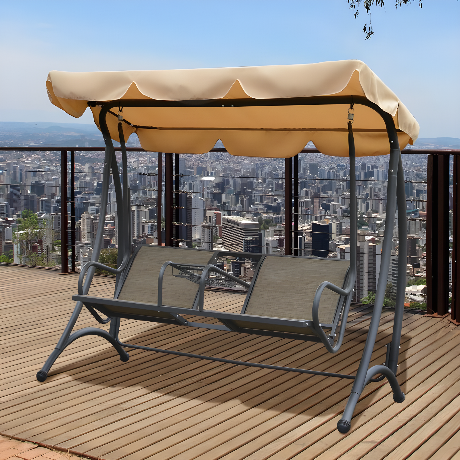 Outsunny 2-Person Porch Swing, Outdoor Patio Swing Bench with Adjustable Tilt Canopy, Cup Holder and Storage Tray, Steel Frame, Brown