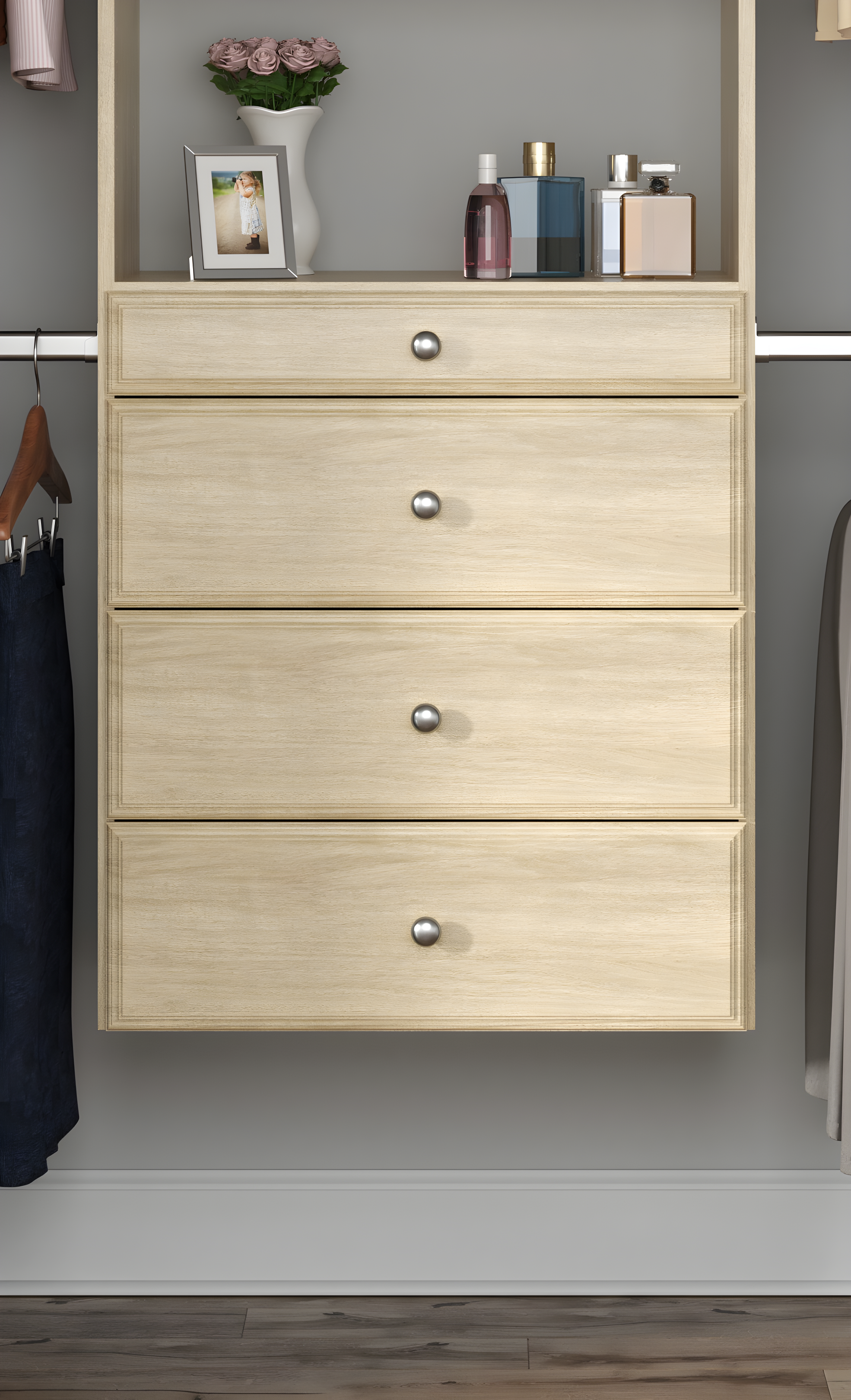 Easy Track Wood Laminate Deluxe Closet Organizer with Shelves and Drawers, Honey Blonde