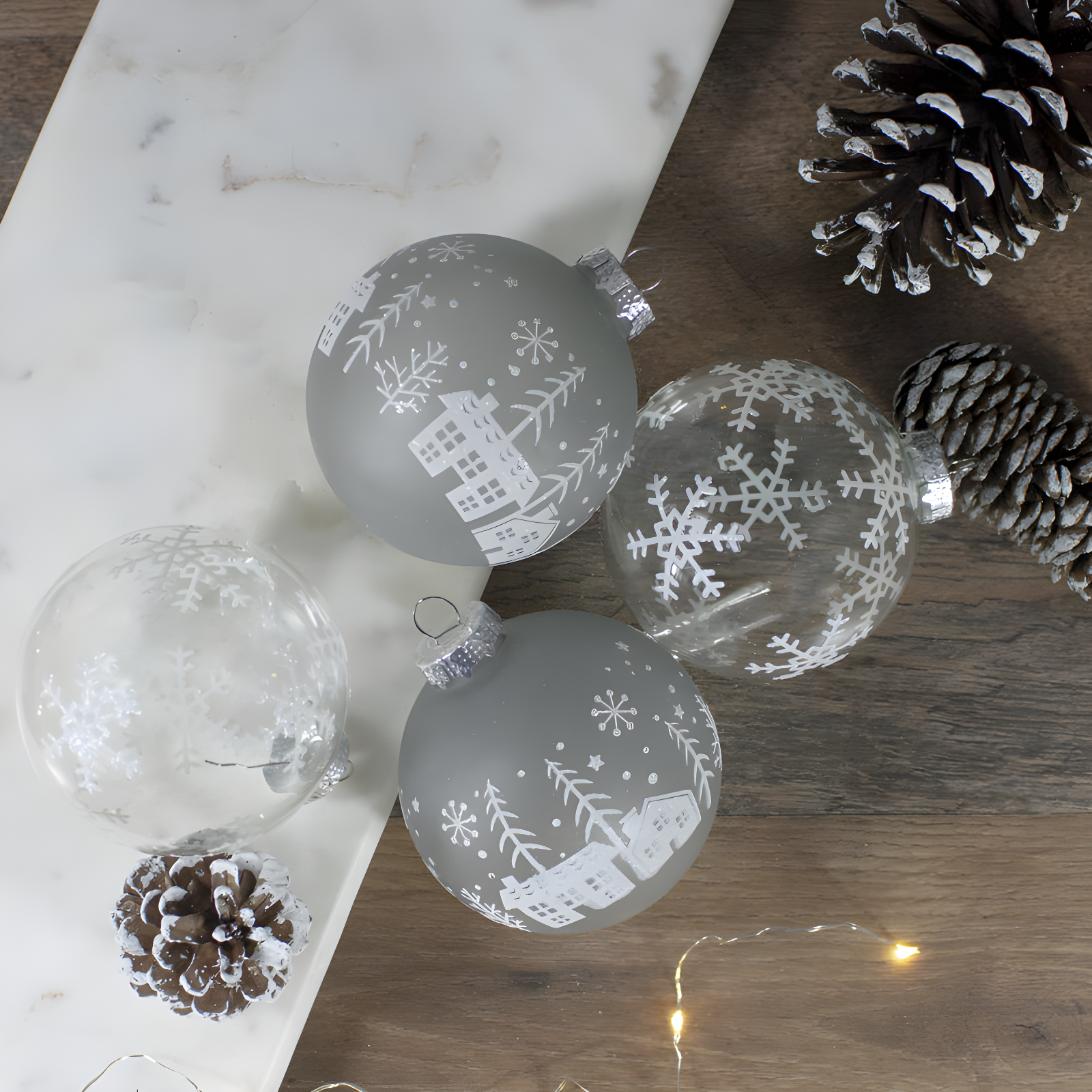 4 ct Gray and Clear Glass Ball Hanging Christmas Ornaments 3.25-Inch (80mm)