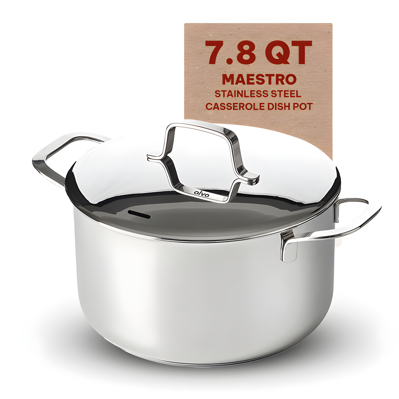 Alva Maestro 8 Qt. Stainless Steel Stock Pot with Lid Scratch Resistant Non-Toxic PFAS Free Compatible with All Stovetops Oven Safe & Induction Safe