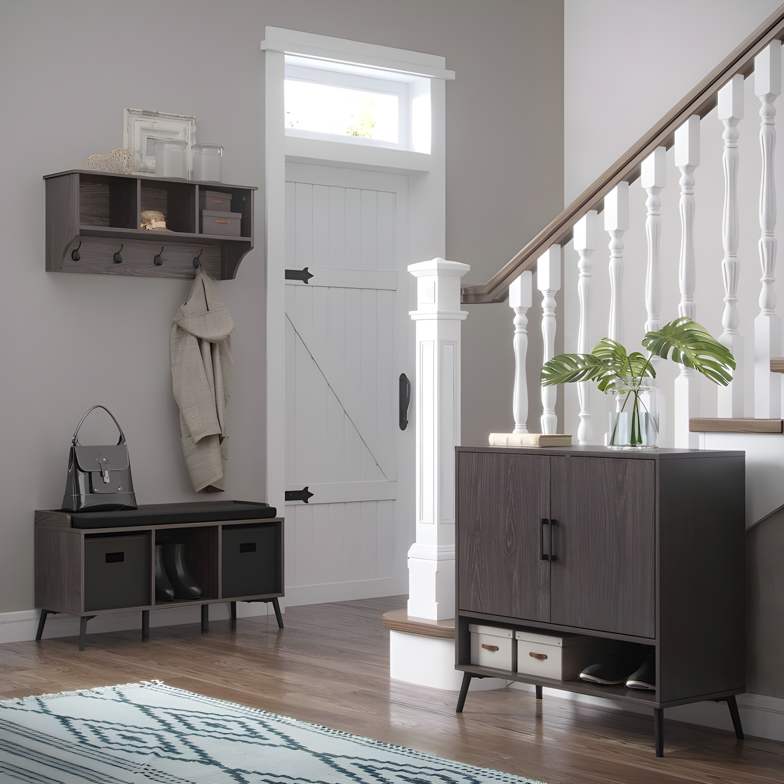 RiverRidge Woodbury Shoe Cabinet Organizer 12 Pair Shoe Rack Entryway Storage Cabinet with Open & Adjustable Interior Shelves Weathered Woodgrain