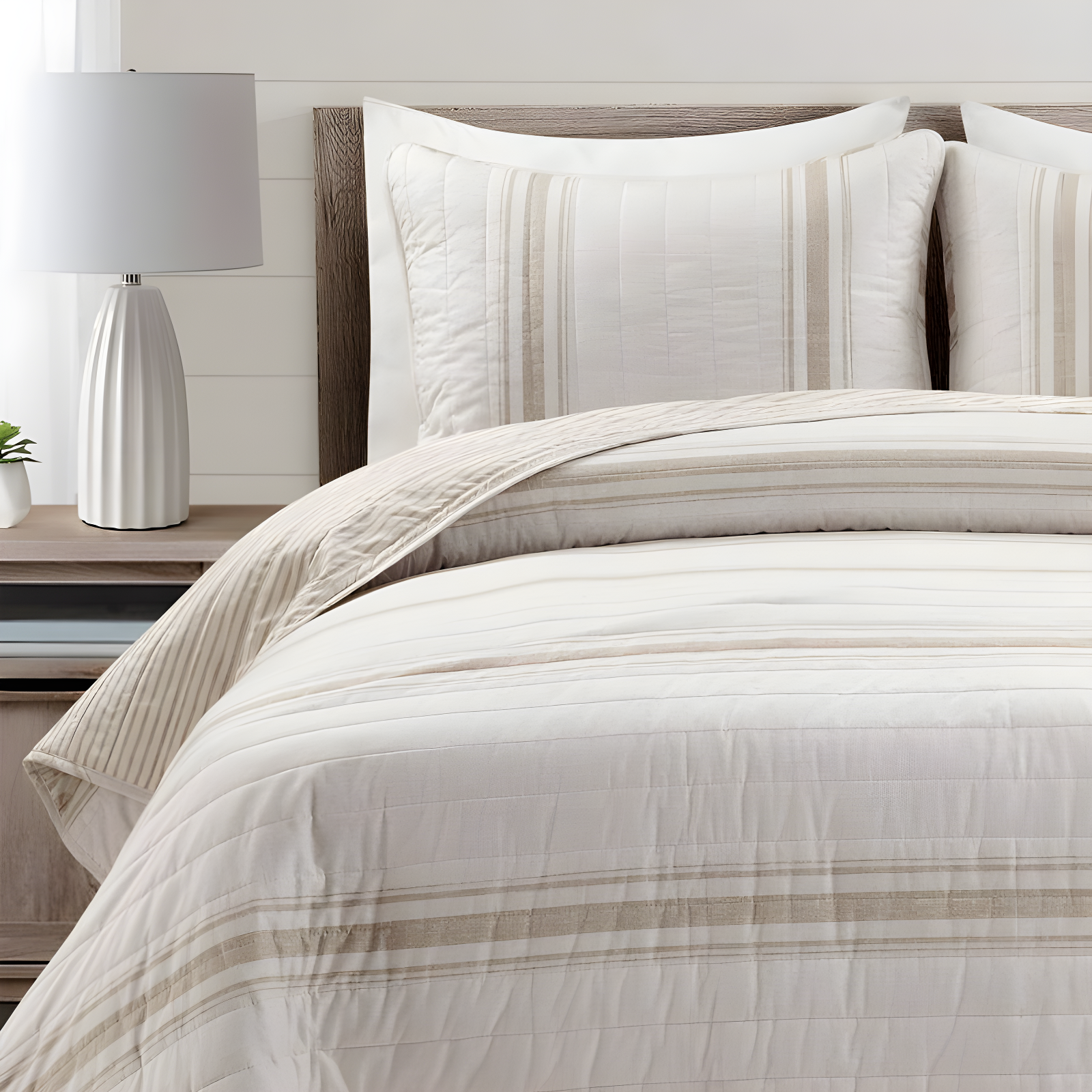 3pc Full/Queen Farmhouse Striped Reversible Quilt Bedding Set Beige - Lush Décor