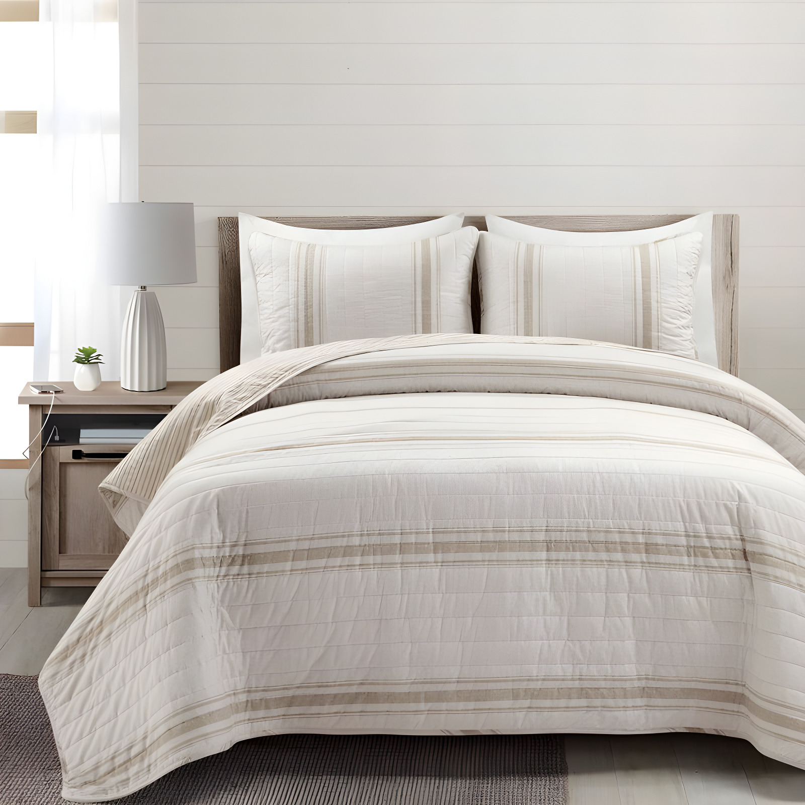 3pc Full/Queen Farmhouse Striped Reversible Quilt Bedding Set Beige - Lush Décor