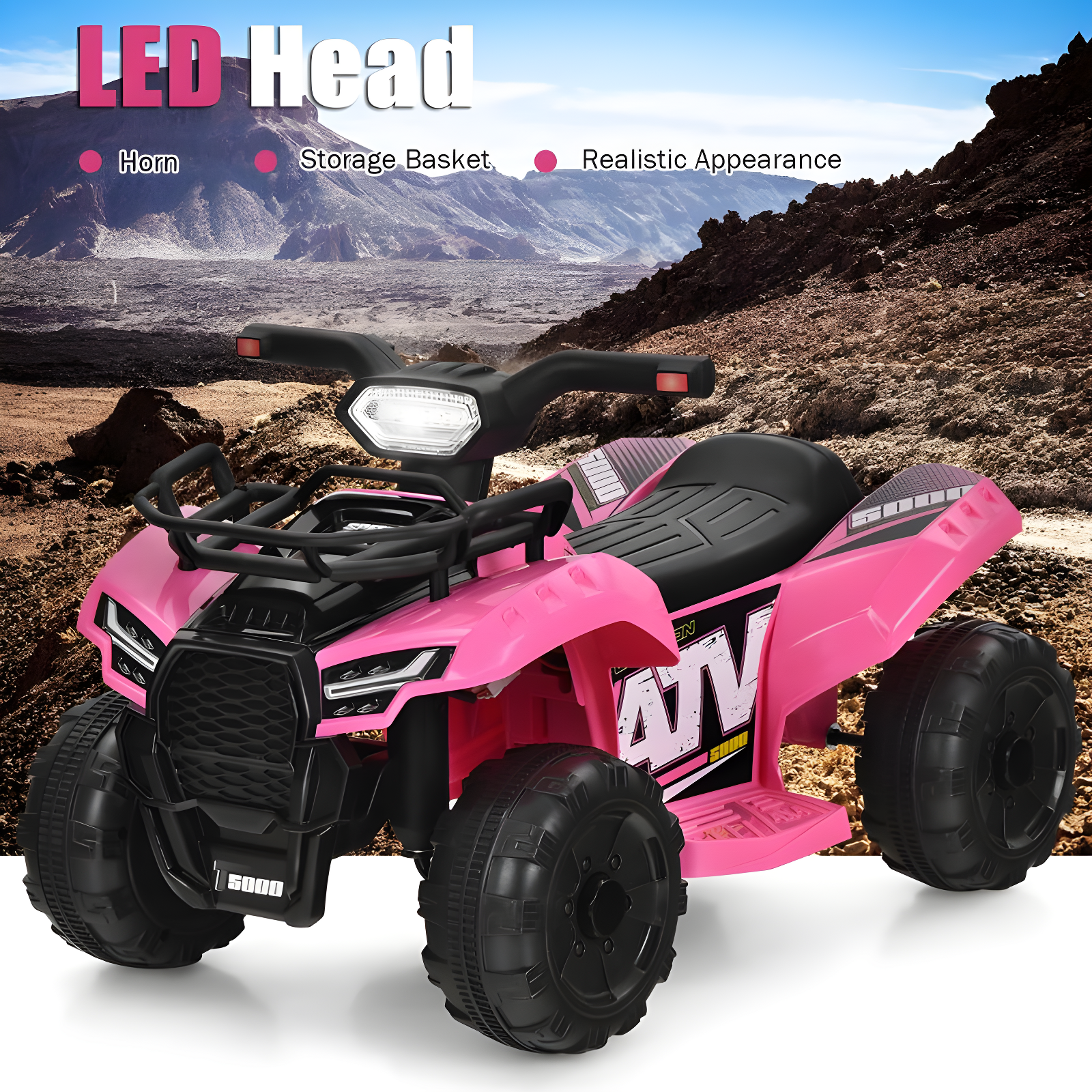 Costway 6V Kids ATV Quad Electric Ride On Car Toy Toddler with LED Light MP3 Pink