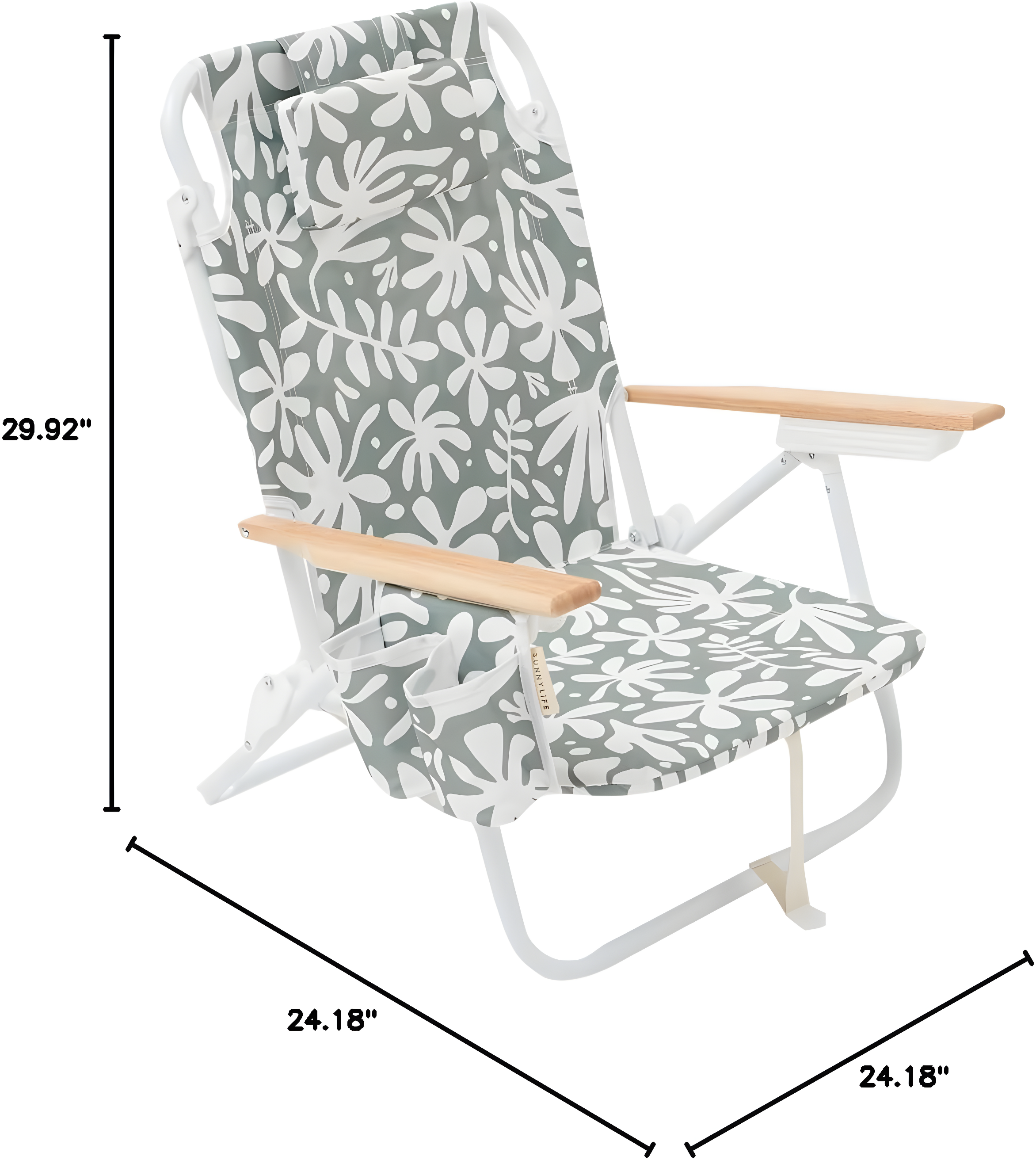 Sunnylife Reclining Beach Chair - The Vacay Olive. Converts from Backpack to Folding seat, with 5 Reclining Positions, Insulated Cooler Pocket and Adjustable Straps for Easy Carrying