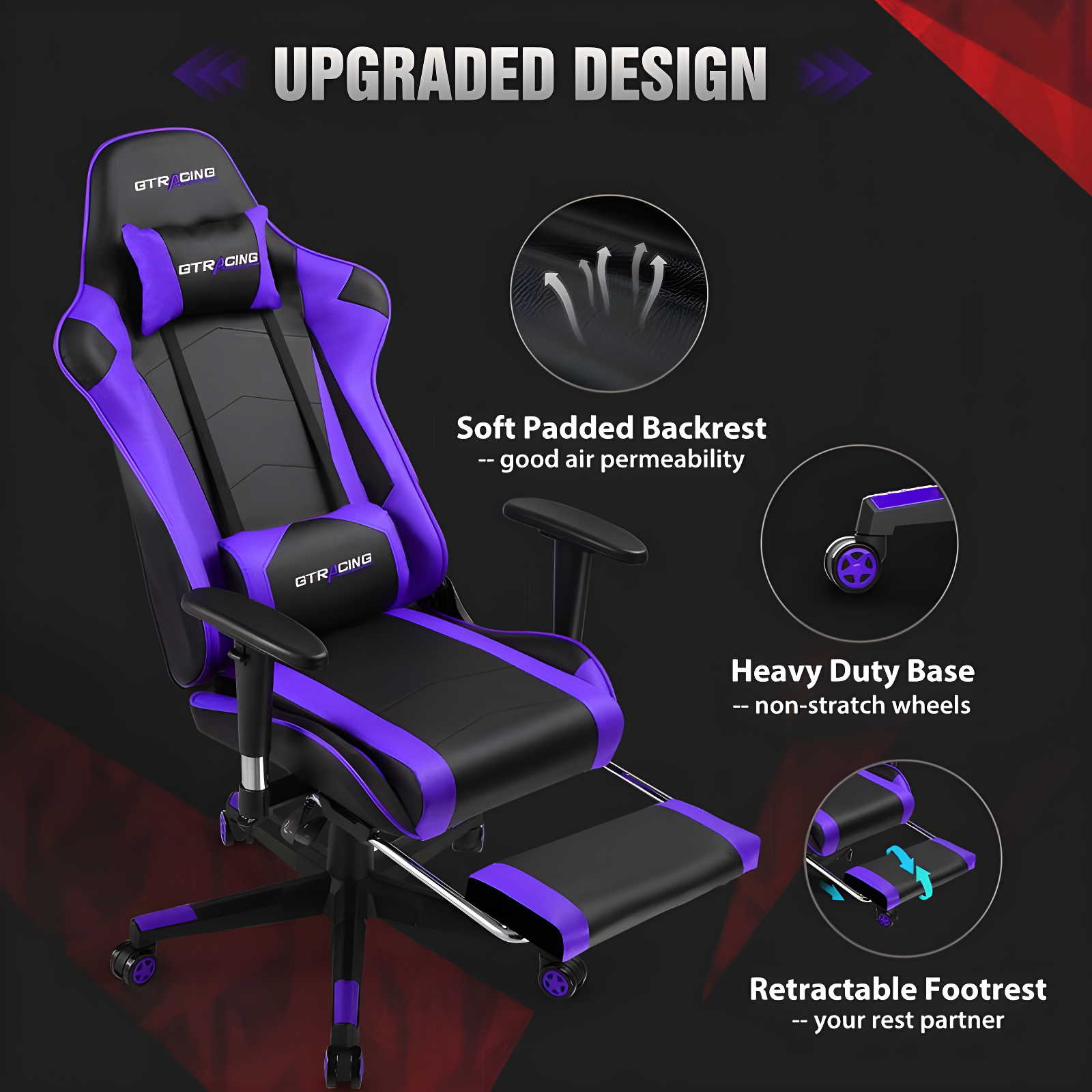 GTRACING Gaming Chair Office Chair PU Leather with Footrest & Adjustable Headrest, PURPLE