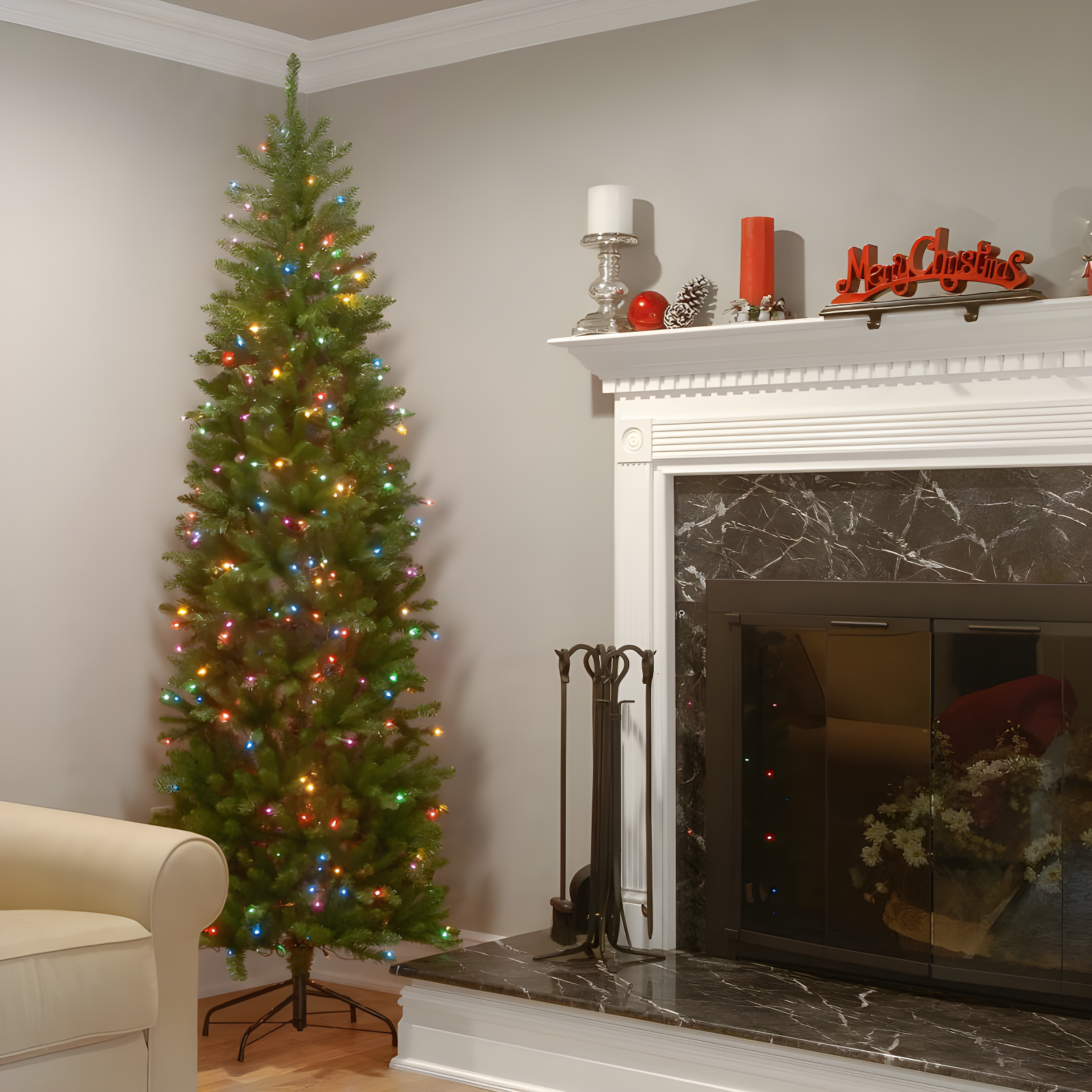 National Tree Company 6.5 ft Artificial Pre-Lit Slim Christmas Tree, Green, Kingswood Fir, Multicolor Lights, Includes Stand