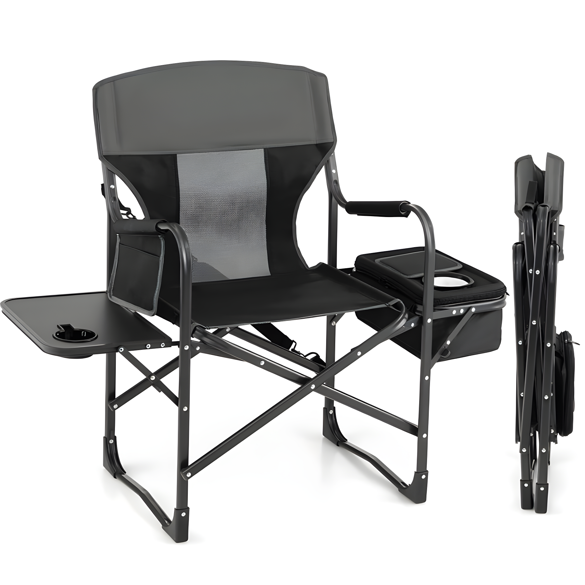 Topcobe Folding Camping Directors Chair with Cooler Bag and Side Table, Portable Chairs for Adults, Comfy Outdoor Chair, Black