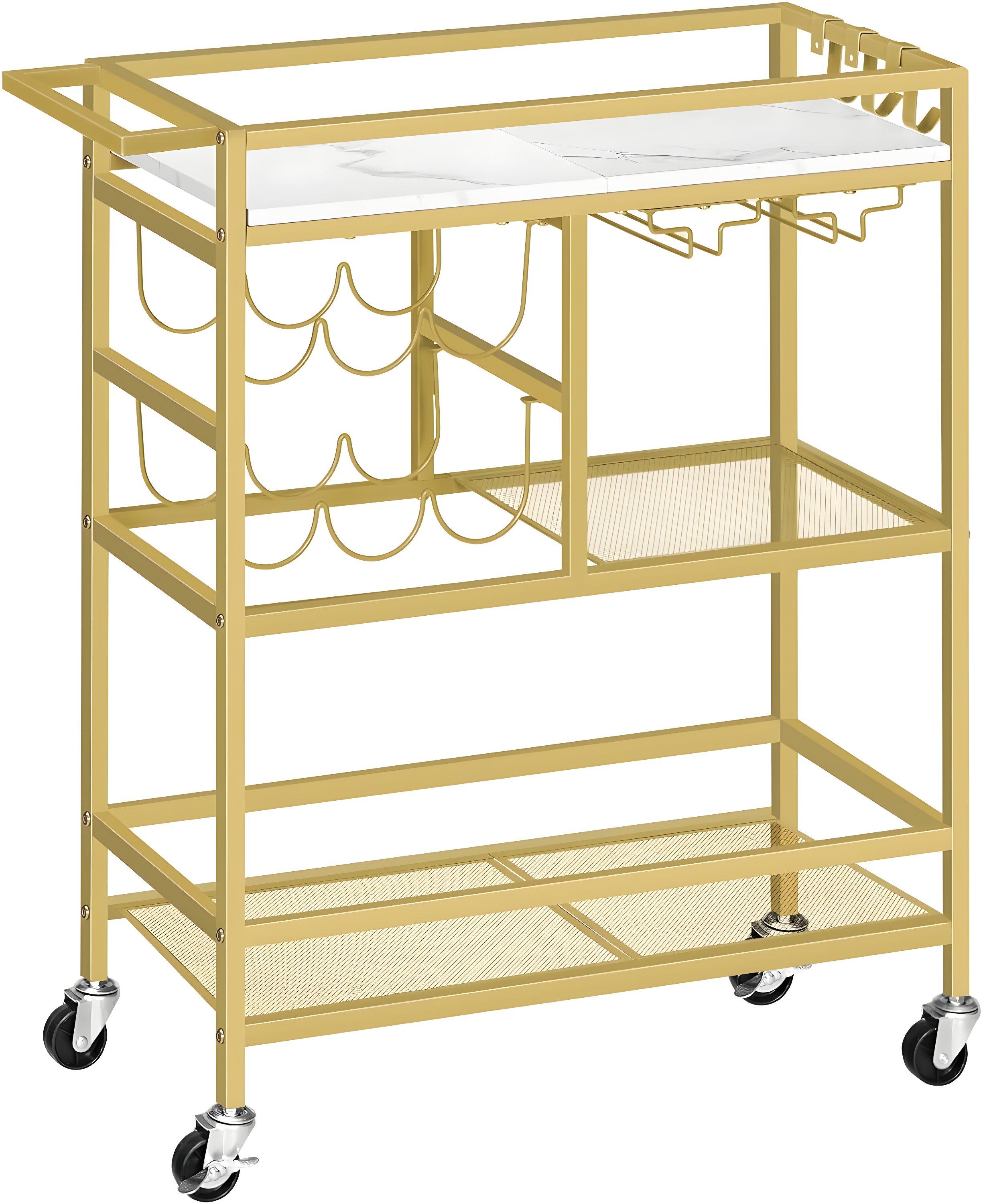 Bar Cart for Home, 3-Tier Serving Cart with Wheels and Handle, Beverage Cart with Wine Rack and Glass Holders, Rolling Wine Cart for Kitchen, Dining Room, Gold and White RCJM6101