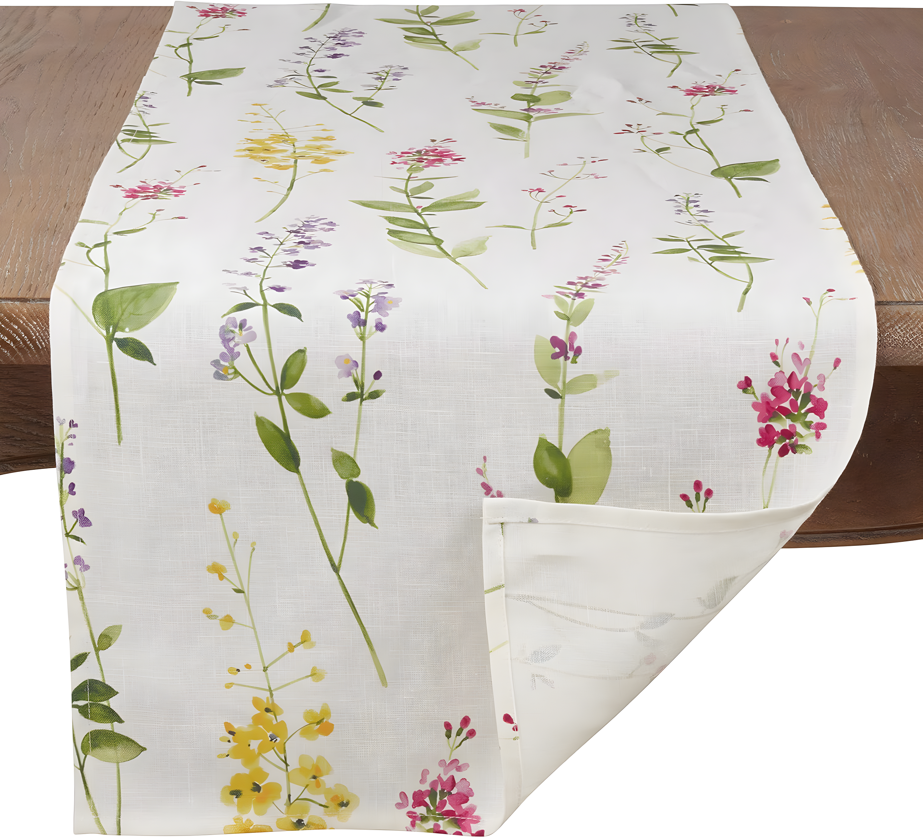 120 in. Watercolor Floral Stems Linen Table Runner, Off-White