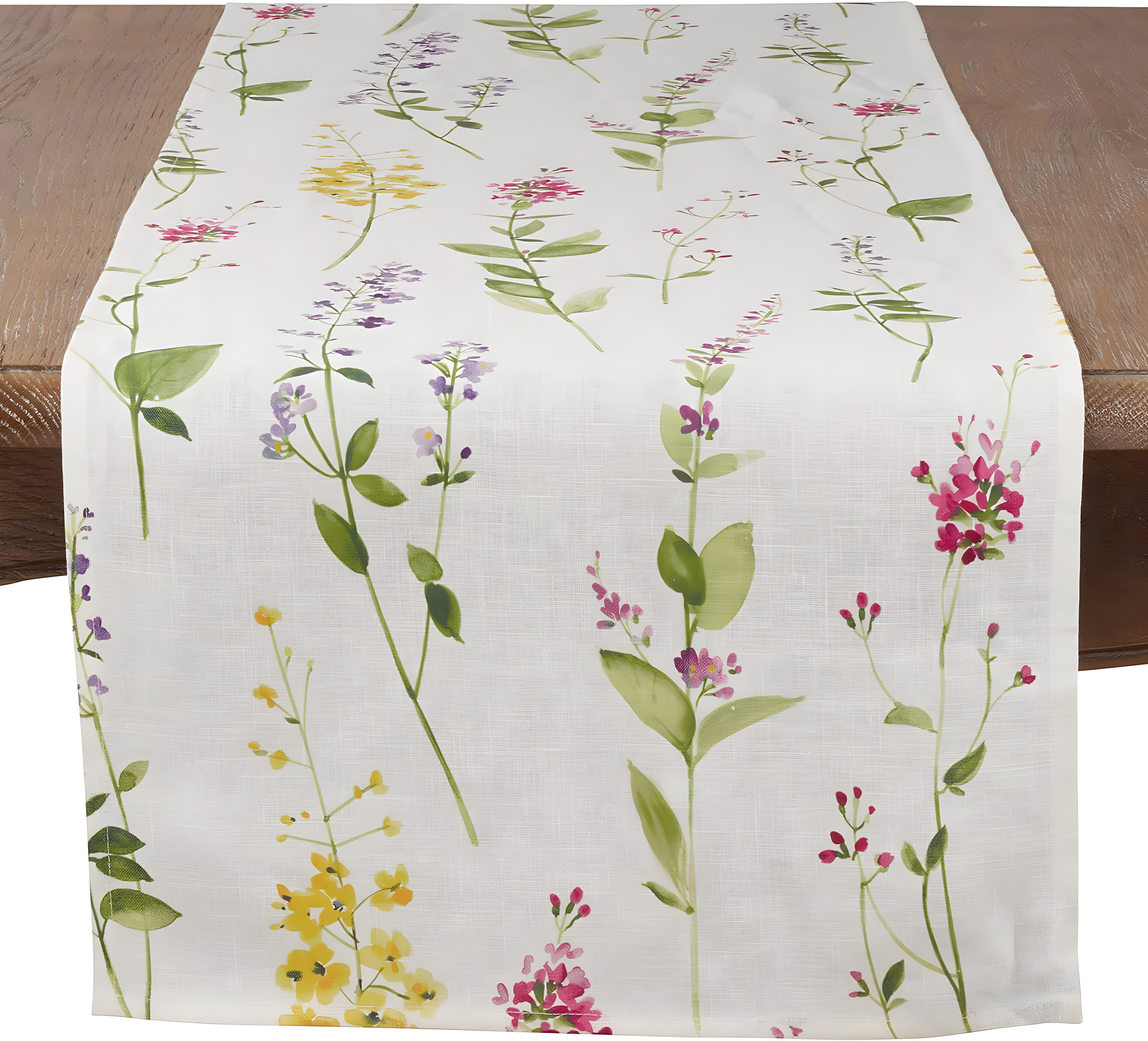 120 in. Watercolor Floral Stems Linen Table Runner, Off-White