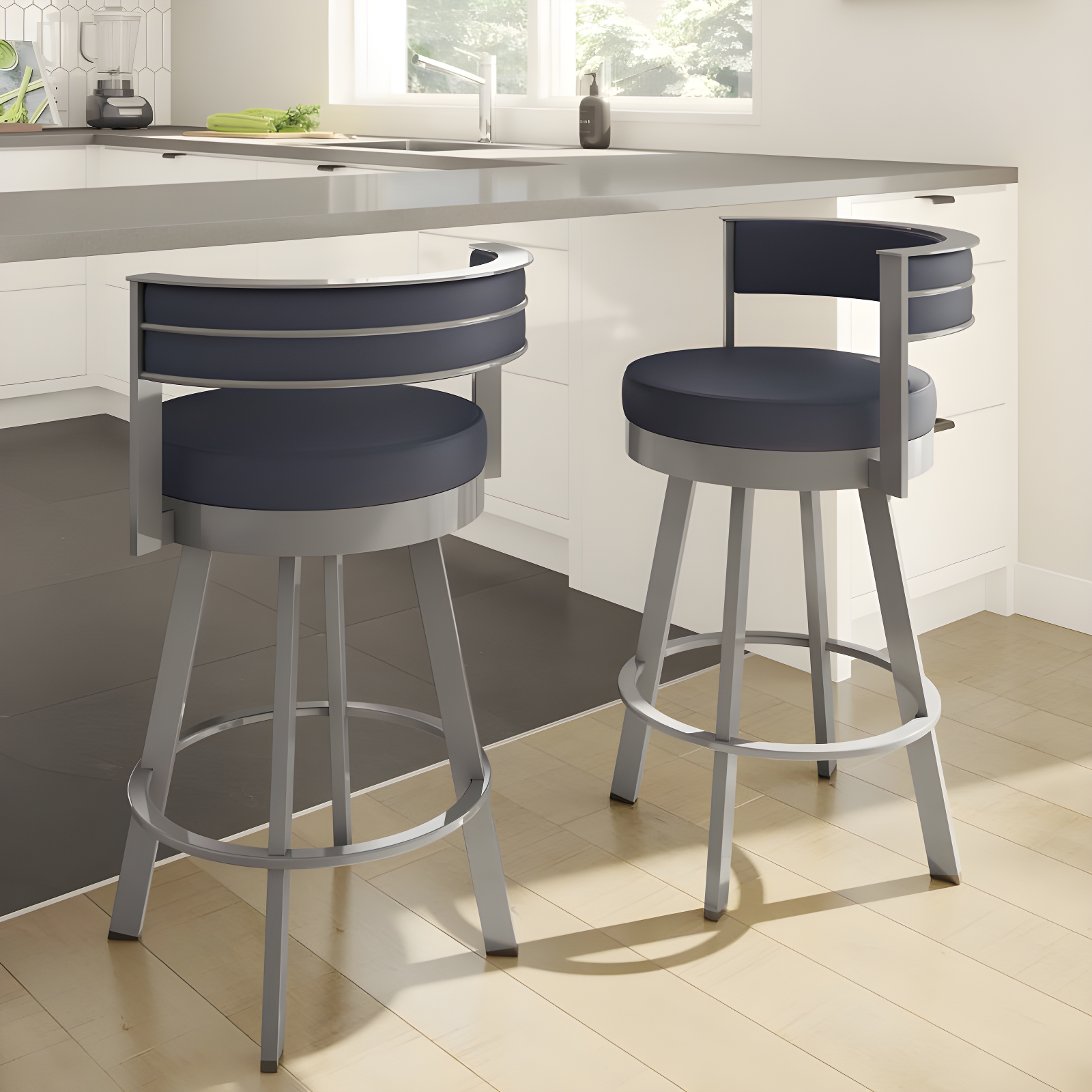 26.13" Amisco Browser Swivel Counter Height Barstool: Upholstered, Metal Frame, Footrest - Navy/Glossy Gray
