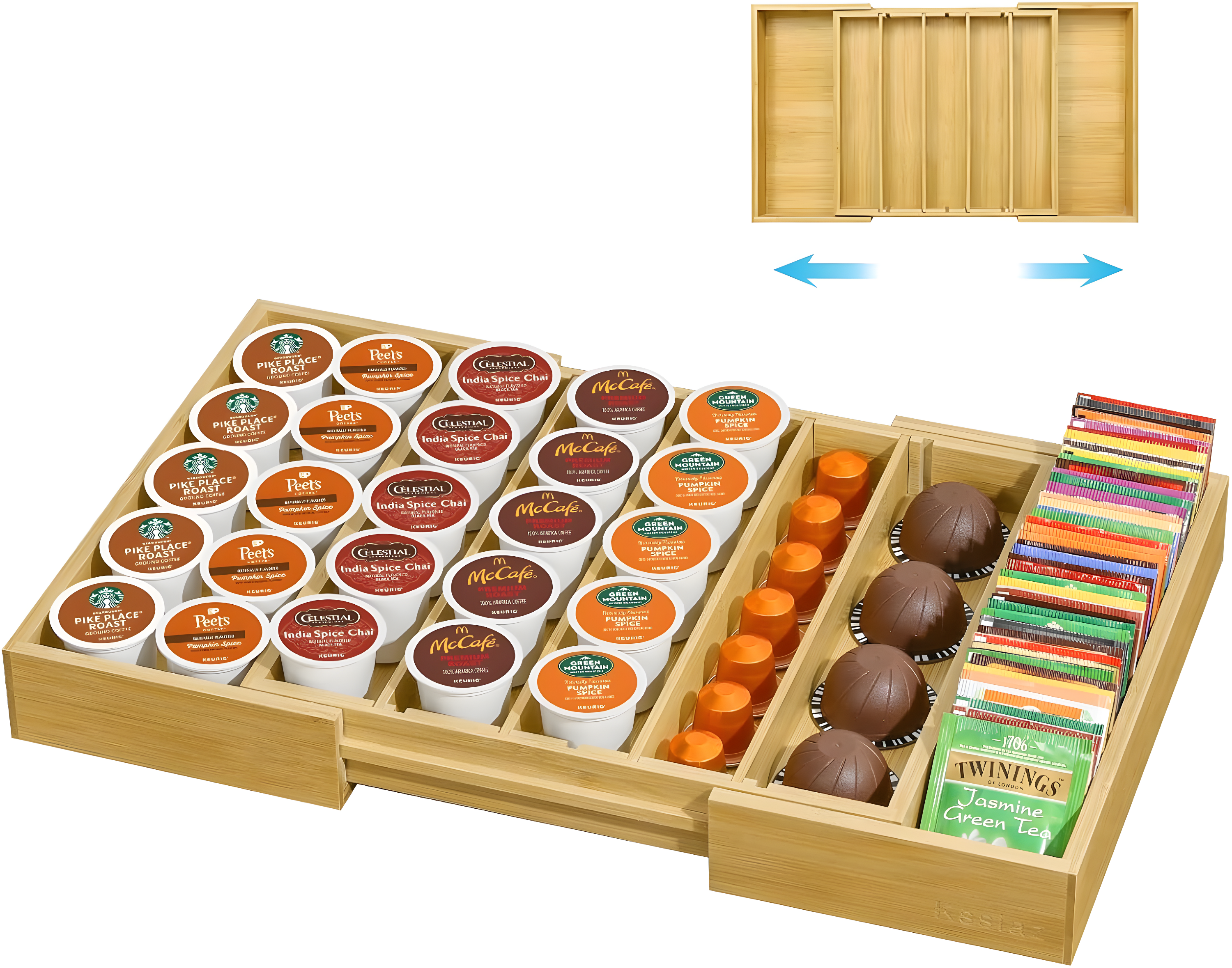 Coffee Pod Holder Drawer, Bamboo K Cup Holder Compatible with Nespresso Vertuo Capsules, 25-45 K Cup Drawer Organizer for Coffee Station Home Office and Kitchen (Bamboo)