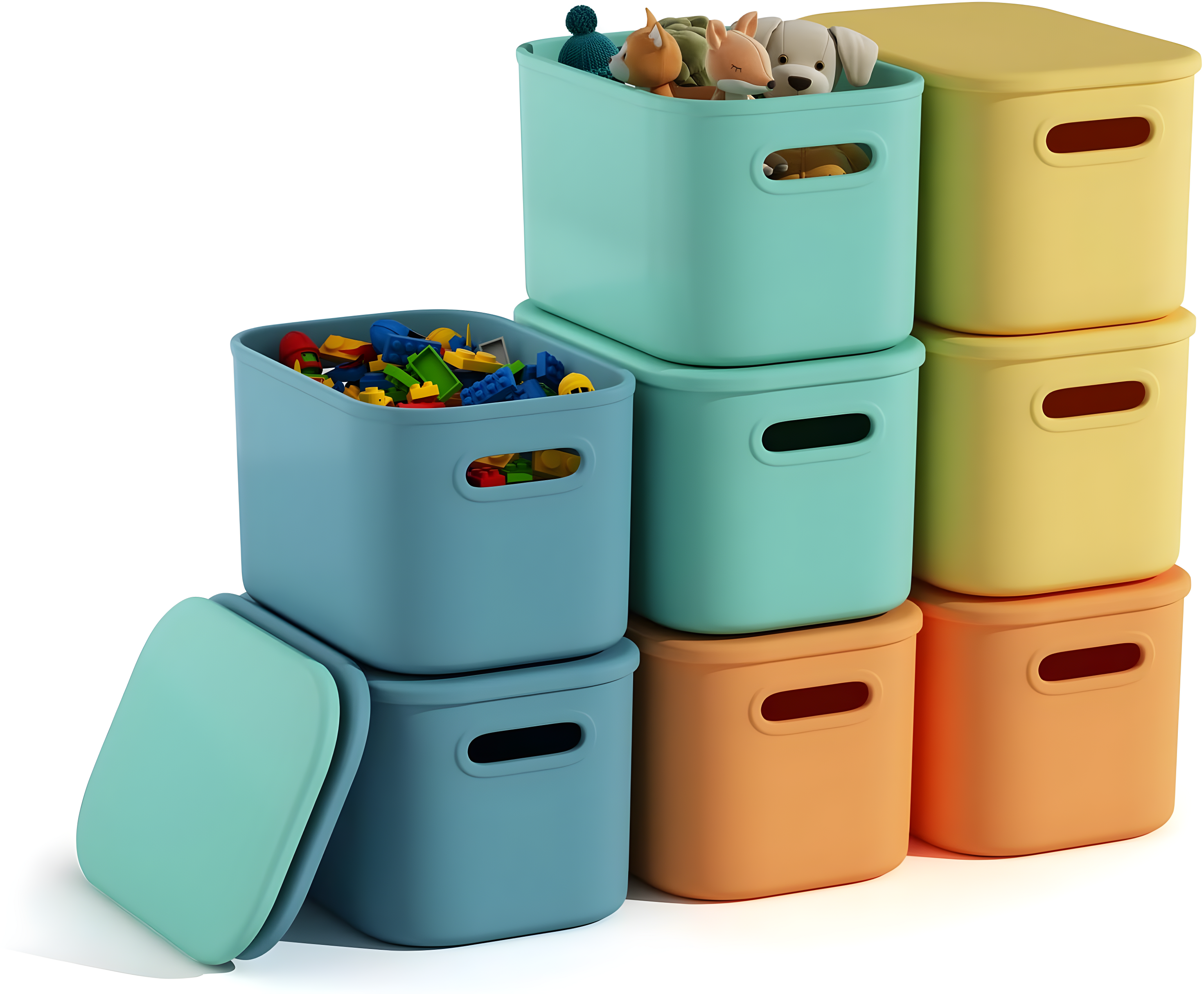 8 Pieces Colorful Storage Bins with Lid and Handle, Plastic Stackable Baskets Desktop Cube Box Cubby Bins Containers for Shelf Cabinet Bedroom Office (Multi-colored,14.2 x 10.2 x 9.5 Inch)