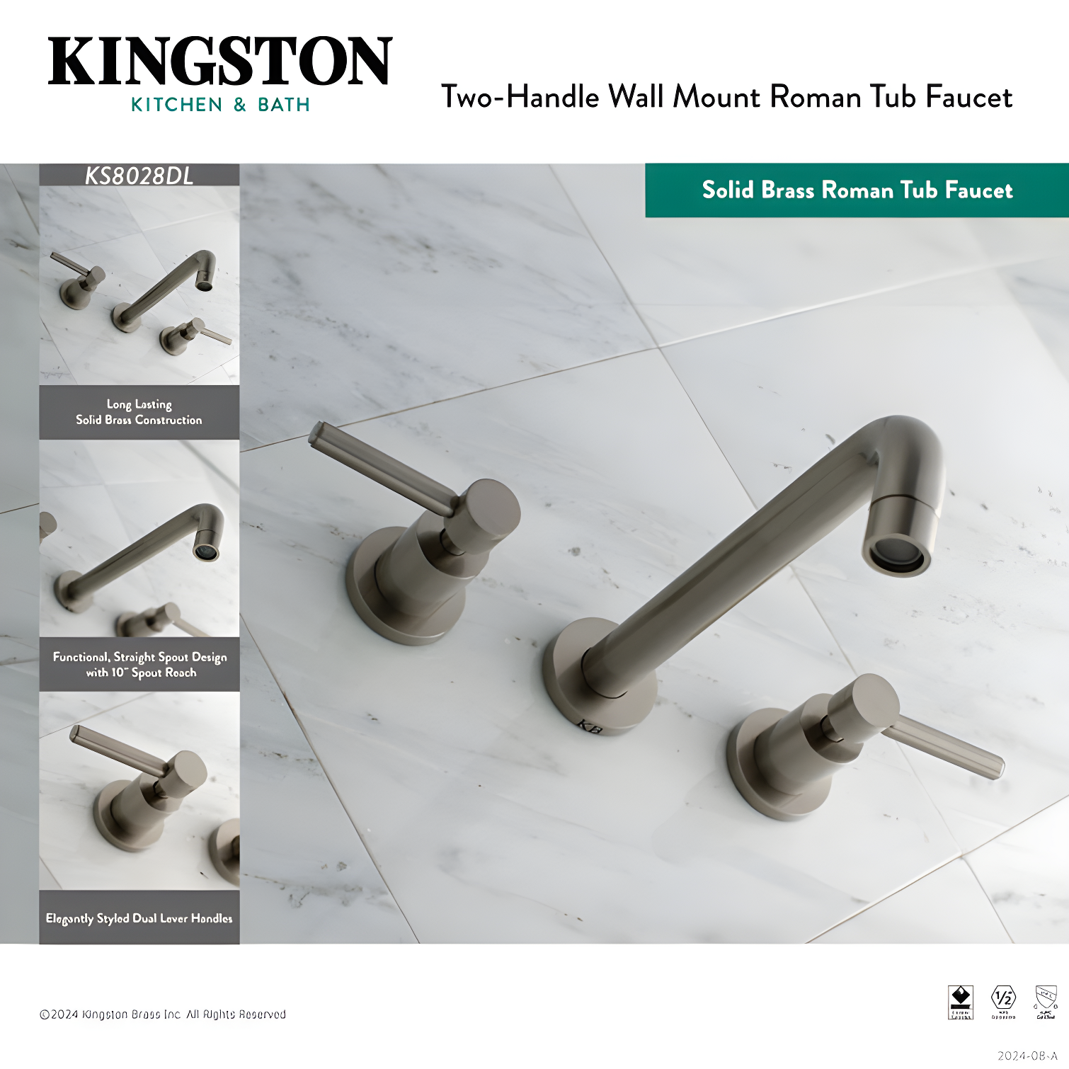 Kingston Brass KS8028DL Kingston Brass Concord Two-Handle 3-Hole Wall Mount Roman Tub Faucet