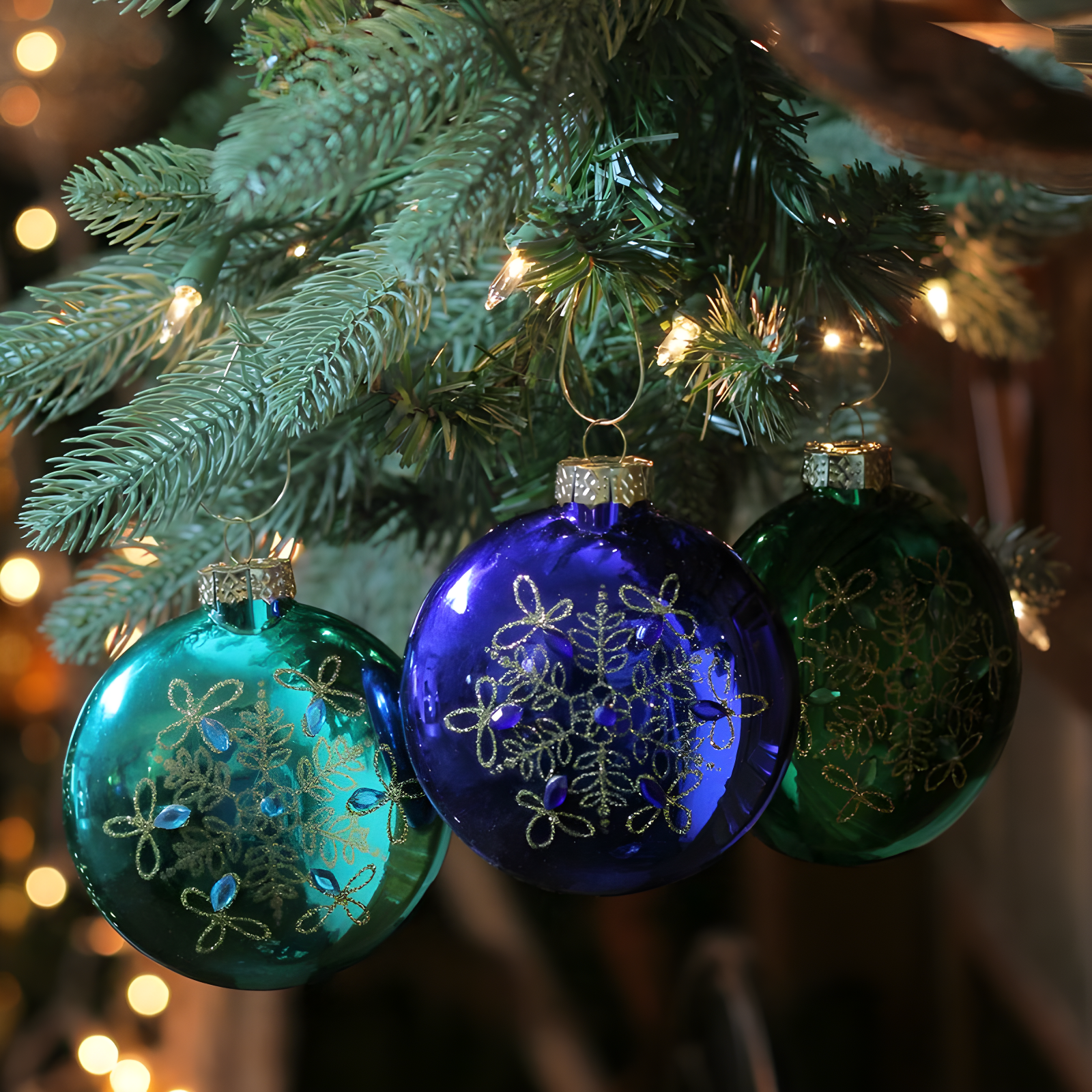 Set of 3 Blue and Green Glitter Snowflake Disc Shaped Glass Christmas Ornament 3.25" (82mm) (Set of 3)