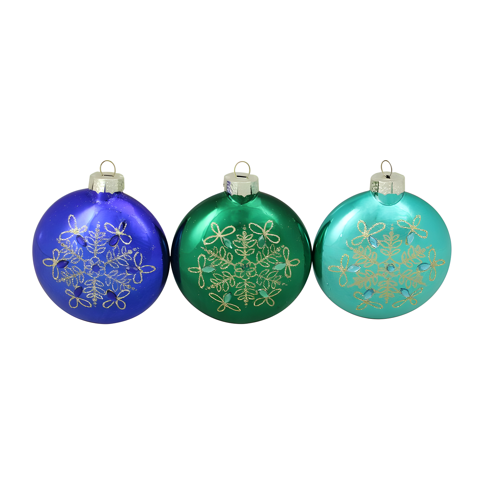 Set of 3 Blue and Green Glitter Snowflake Disc Shaped Glass Christmas Ornament 3.25" (82mm) (Set of 3)