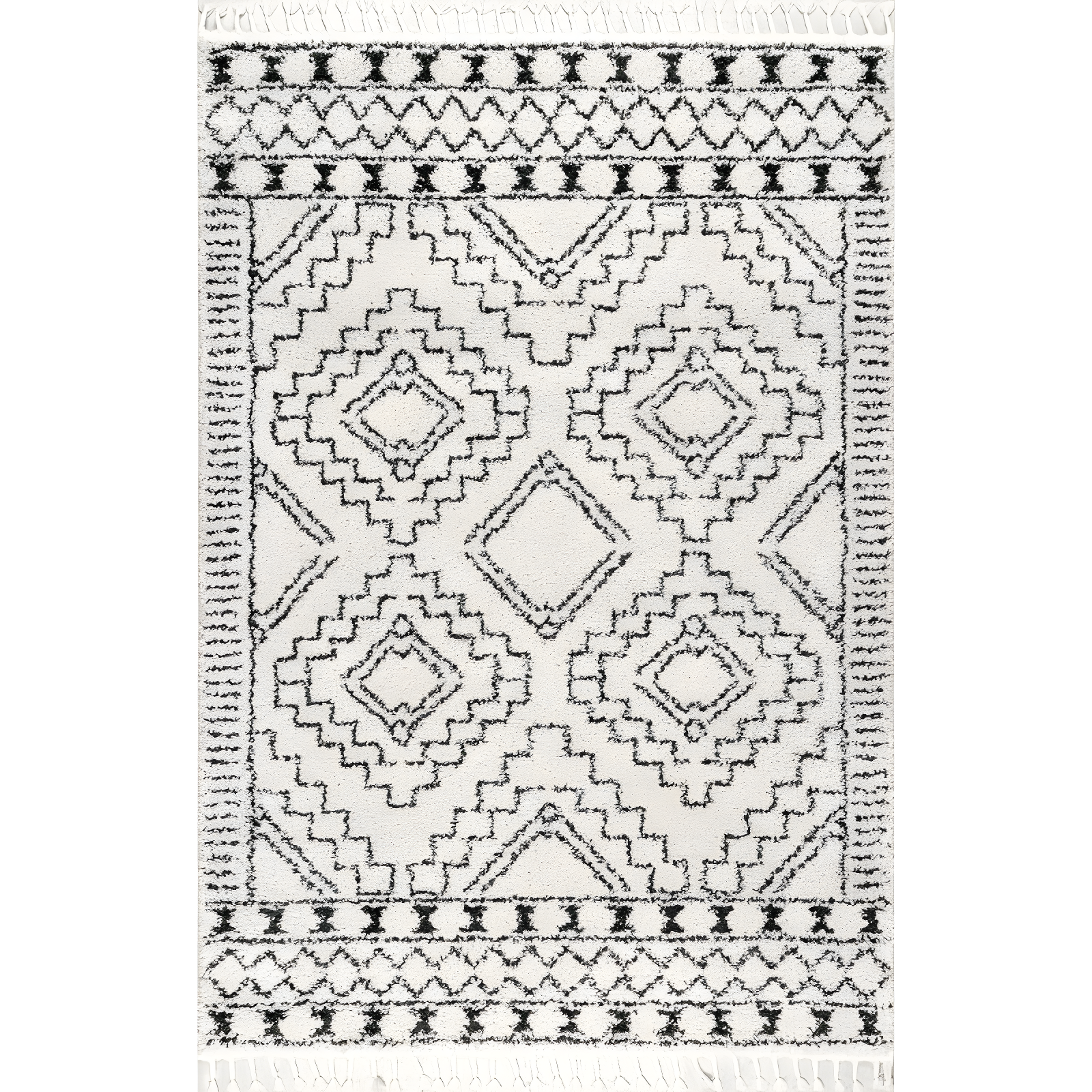 Nuloom Vasiliki Geometric 4x6 Shag Indoor Area Rug for Living Room Bedroom Dining Room Nursery, Off White/Charcoal