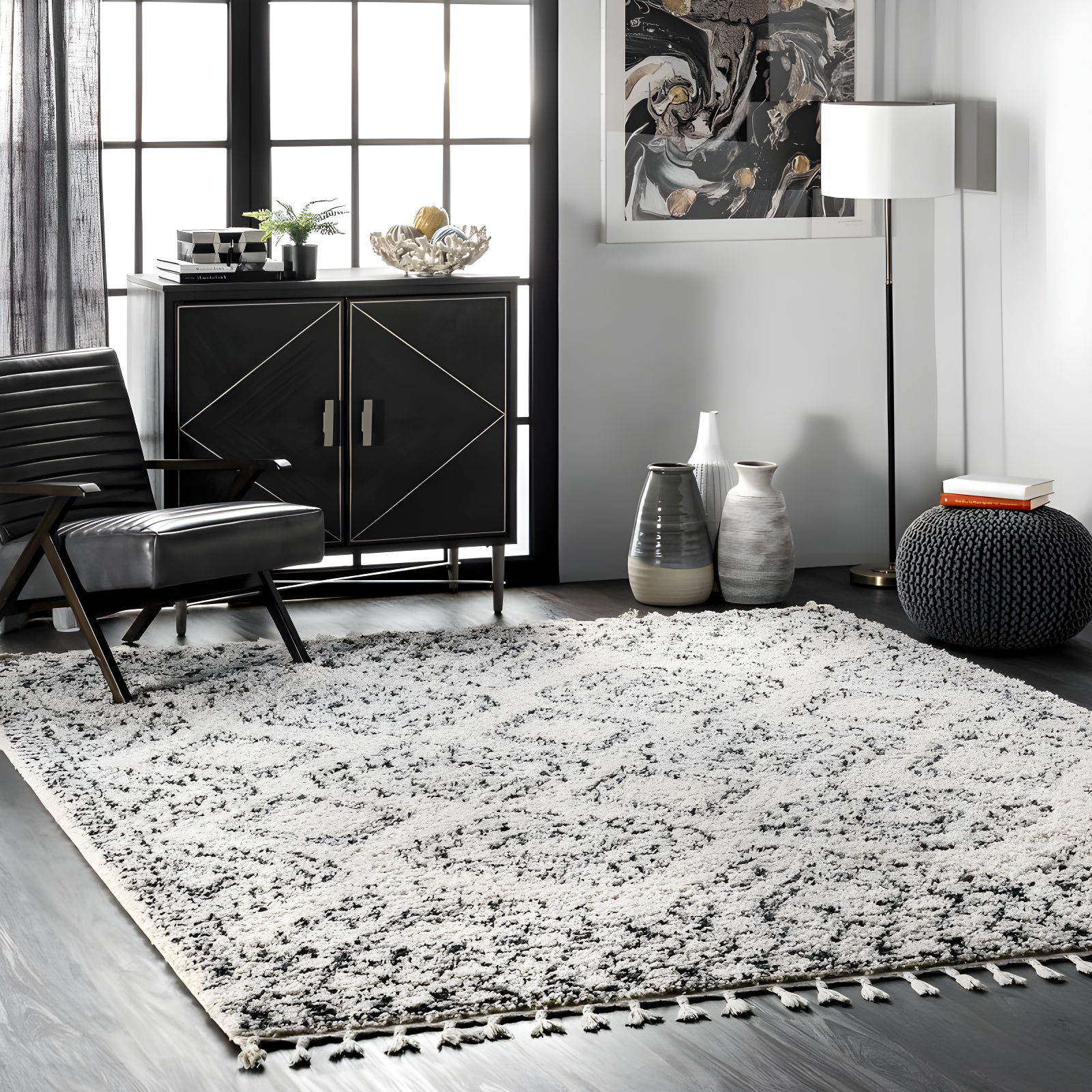 Nuloom Vasiliki Geometric 4x6 Shag Indoor Area Rug for Living Room Bedroom Dining Room Nursery, Off White/Charcoal