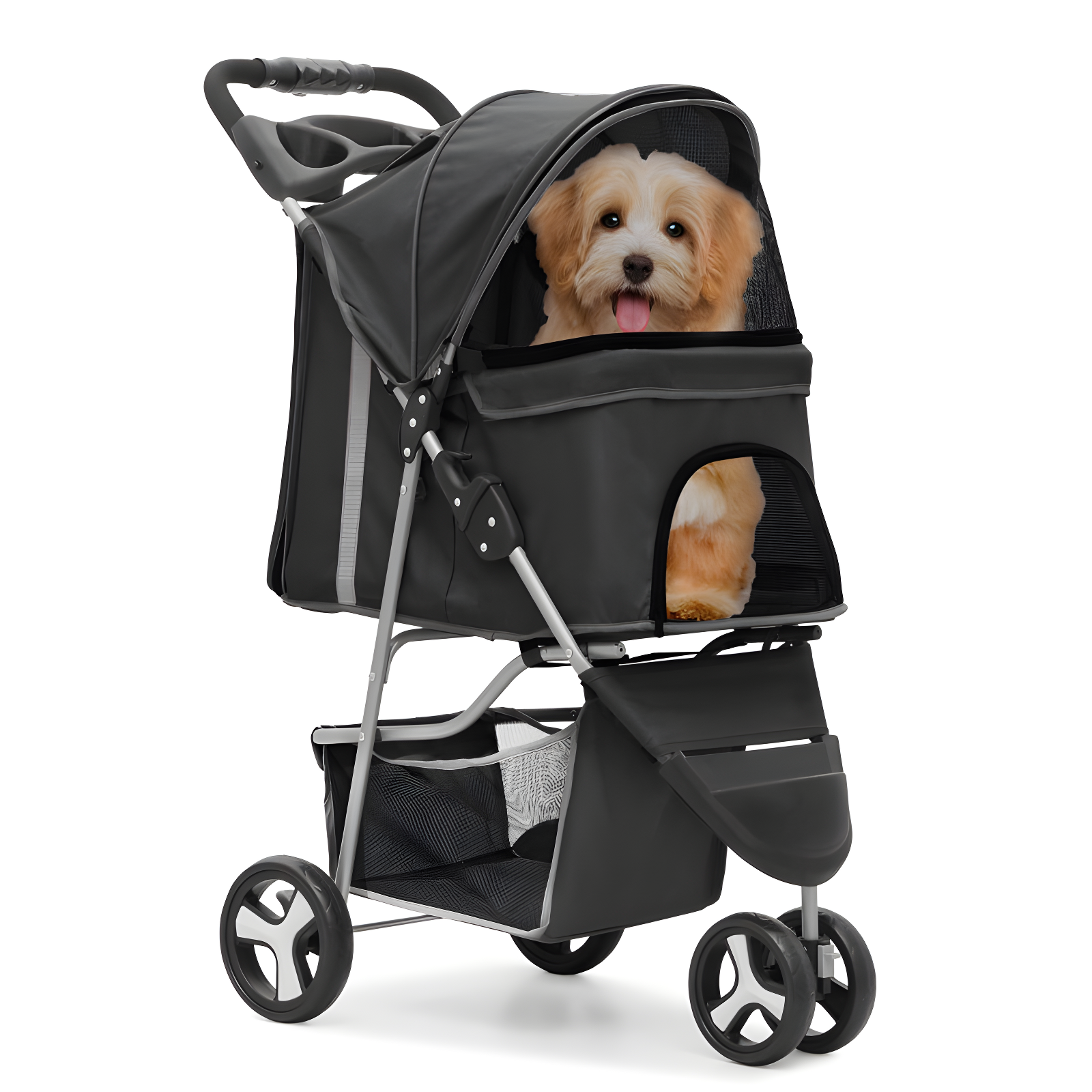 ATCHISON Foldable Pet Stroller, 3 Wheels Folding Carrier Jogger Stroller for Dogs Cats with Canopy and Basket