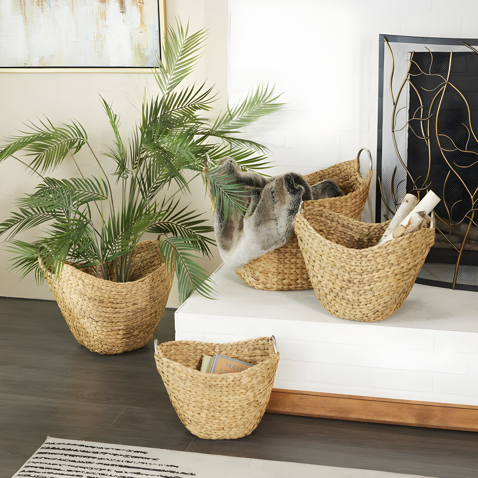 Highland Dunes 4 Piece Brown Seagrass Handmade Woven Storage Basket with Metal Handles Set