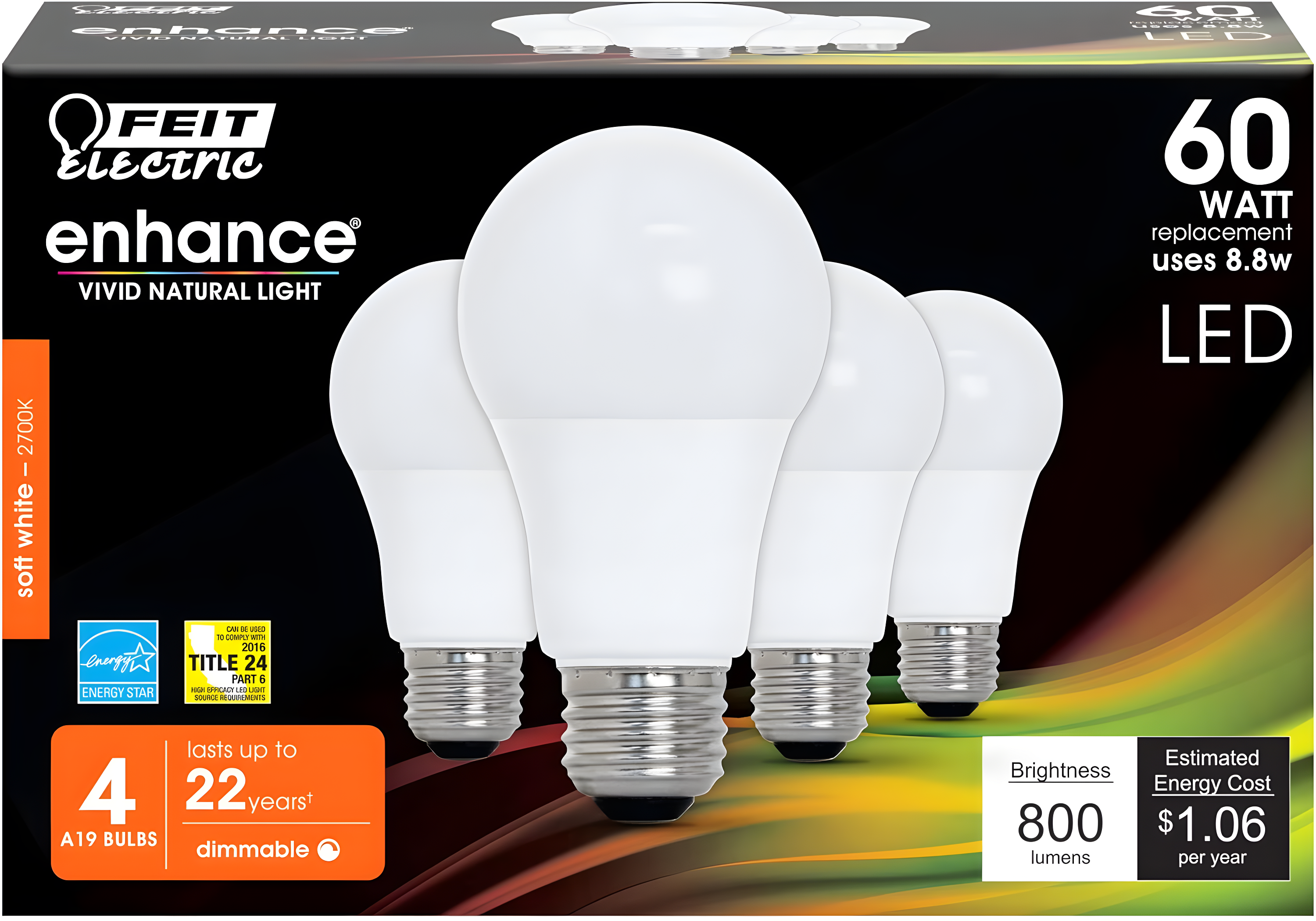 FEIT ELECTRIC OM60DM/927CA/4 60W A19 27K LED BULB,Soft White (2700K)