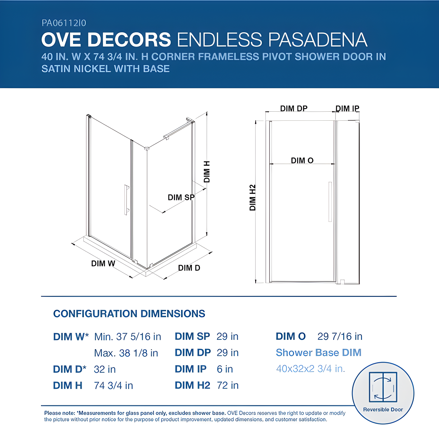 Endless Pasadena 40" W x 72" H Corner Frameless Shower Kit, Door, Base