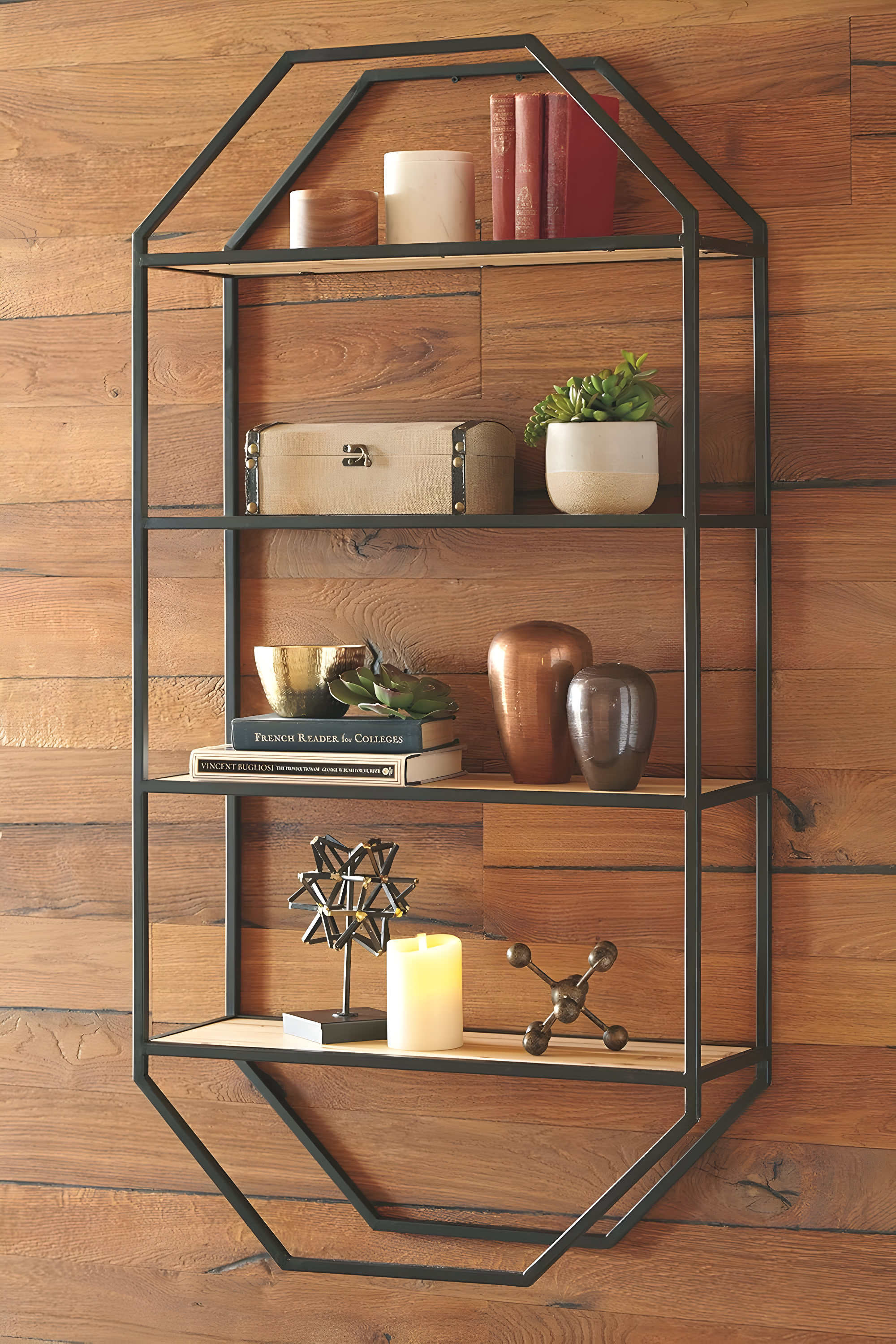 Elea 48.75" Contemporary Beige & Black Metal and Wood Wall Shelf