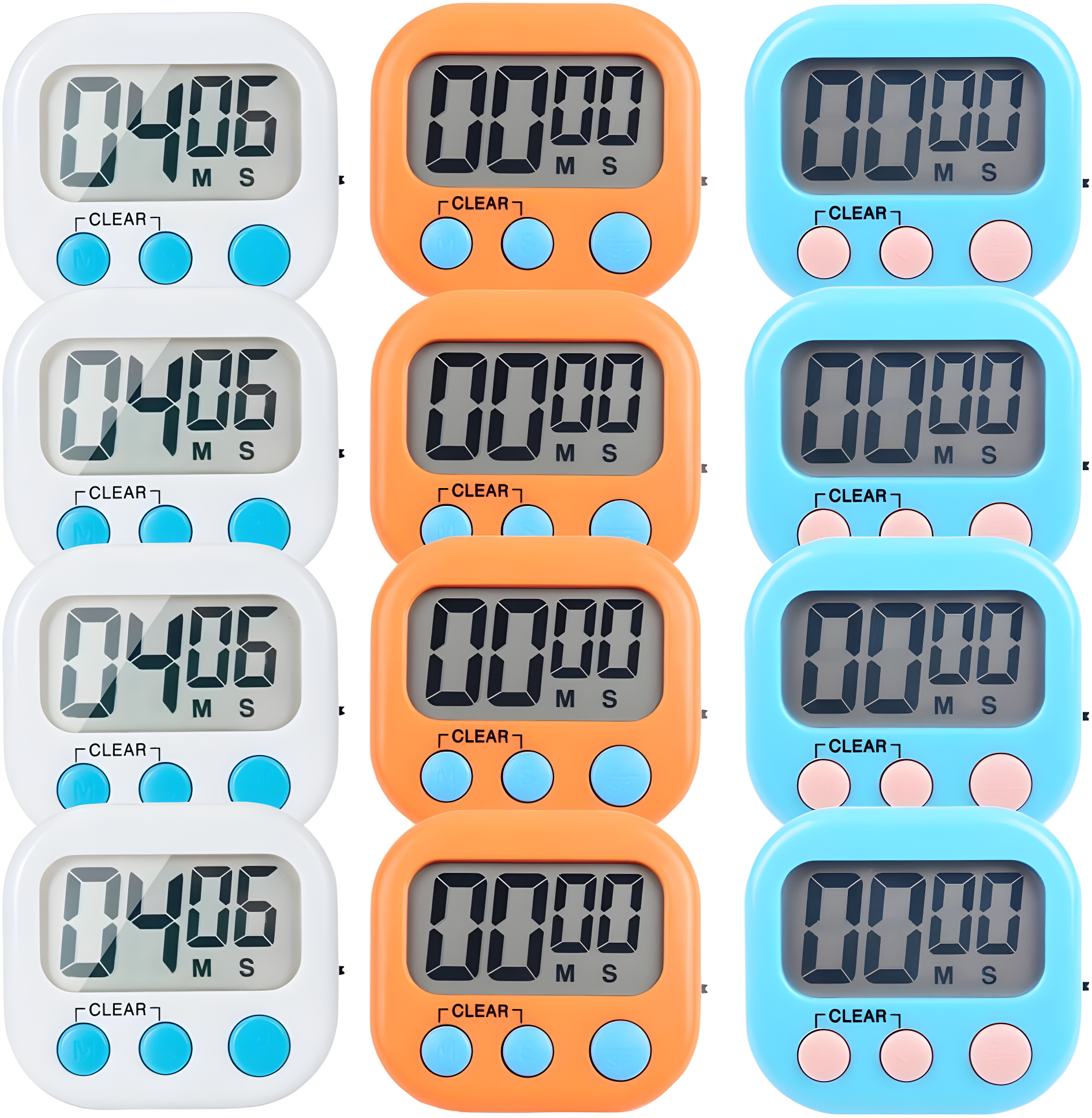 12 Pack Small Digital Kitchen Timer Magnetic Back And ONOFF Switch,Minute Second Count Up Countdown??White,Blue,Orange?