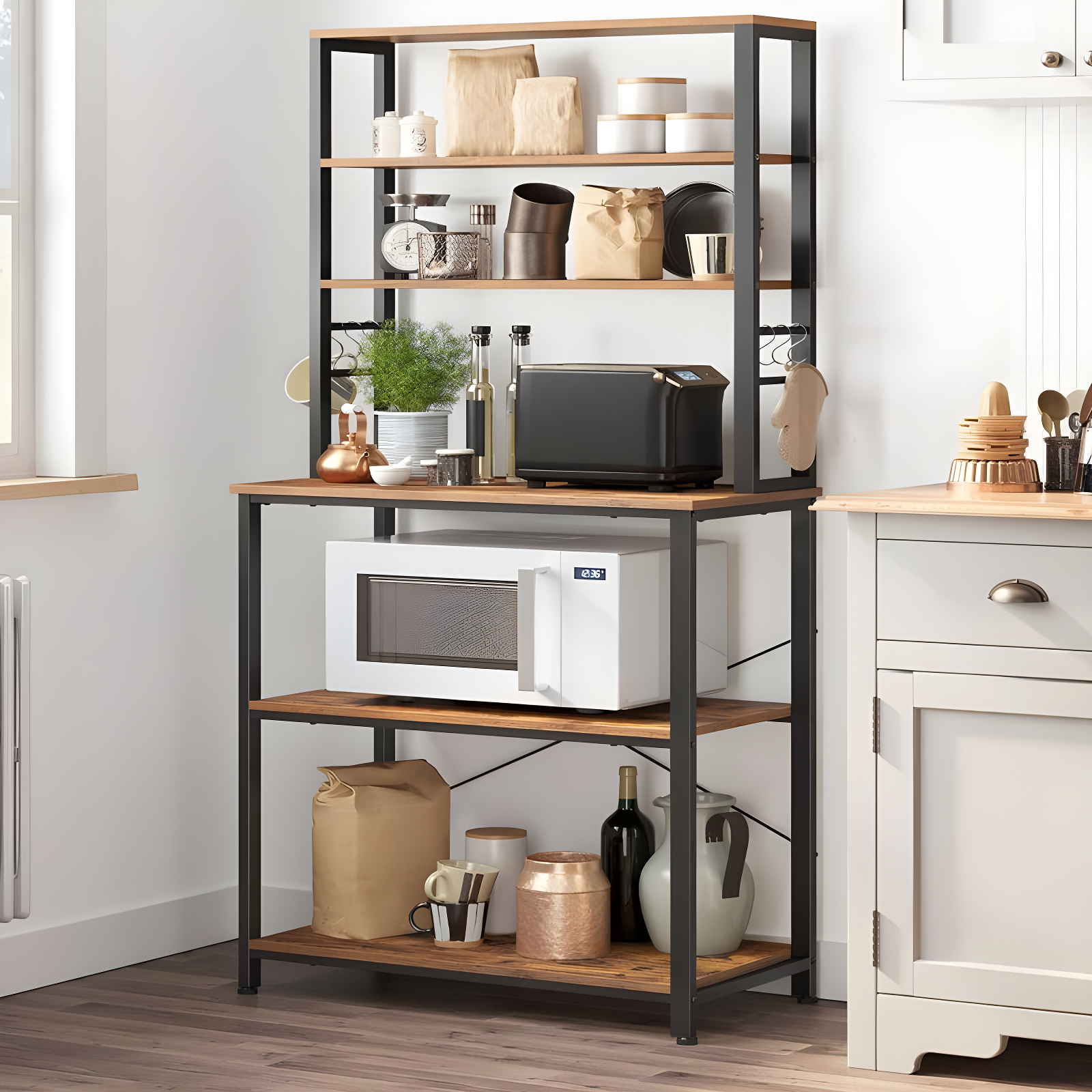 VASAGLE Baker's Rack Microwave Oven Stand Kitchen Tall Utility Storage Shelf 6 Hooks and Metal Frame, Rustic Brown and Black