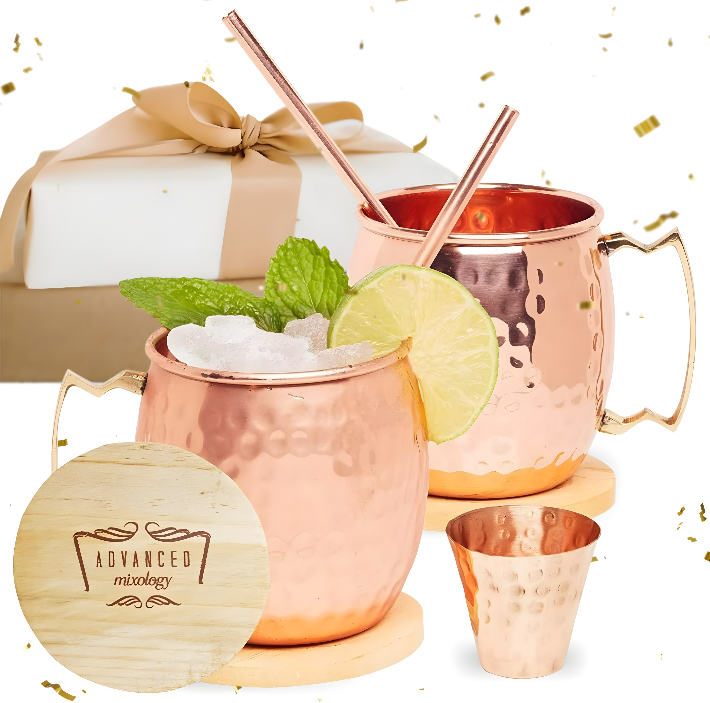 Advanced Mixology Moscow Mule Copper Mugs - Set of 2 - 100% HANDCRAFTED - Pure Solid Copper Mugs 16 oz Gift Set with BONUS: Artisan Wooden Coasters, Cocktail Copper Straws, and Shot Glass!