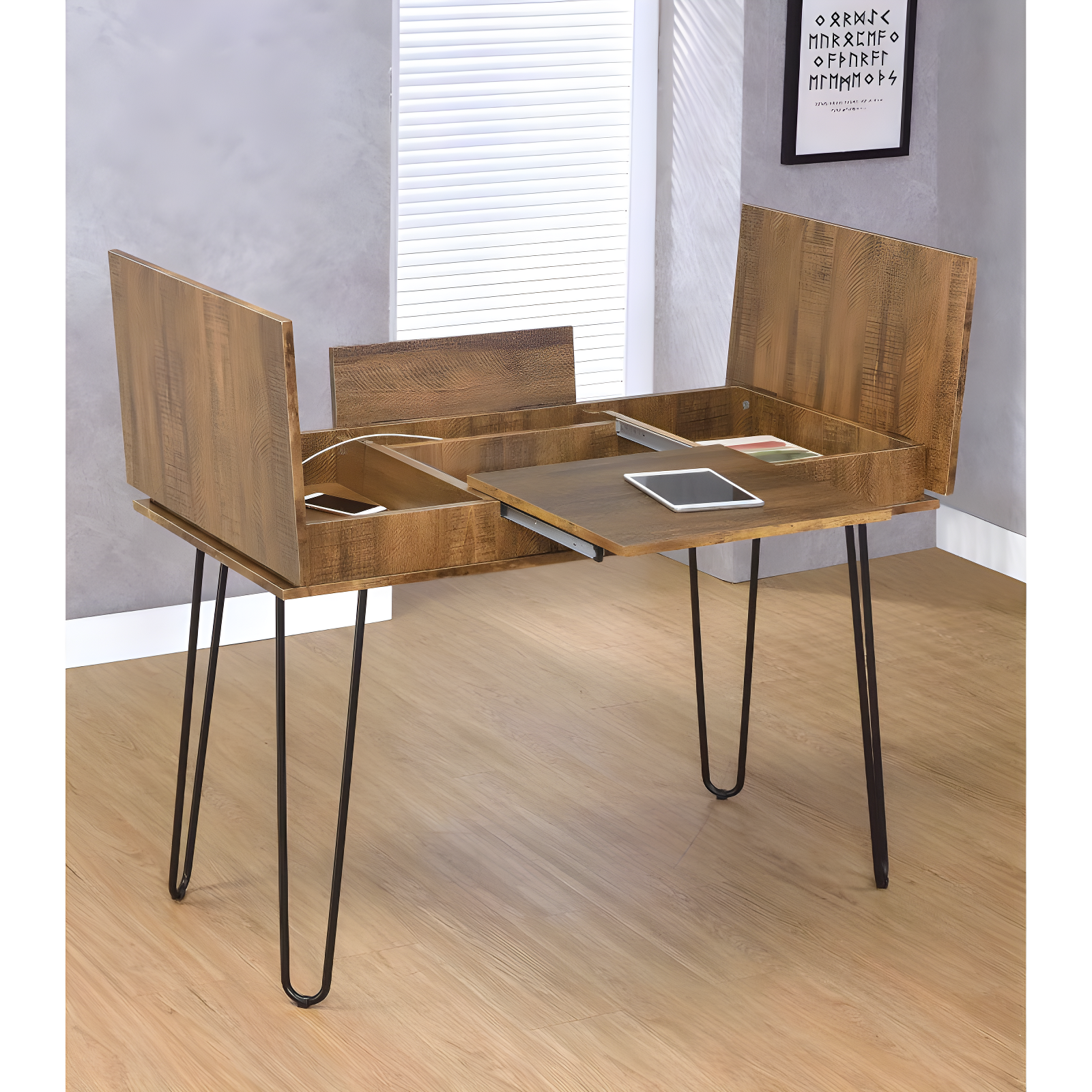 Sheeran Storage Writing Desk with Hairpin Legs Rustic Amber - Coaster: Industrial Style, Enclosed Cabinet, USB Ports