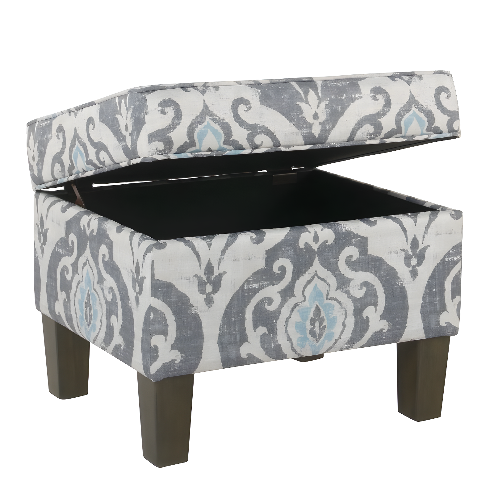 Medium Storage Ottoman Gray/Blue - HomePop: Upholstered Rectangular Footstool with Damask Pattern, Plywood & Hardwood Frame