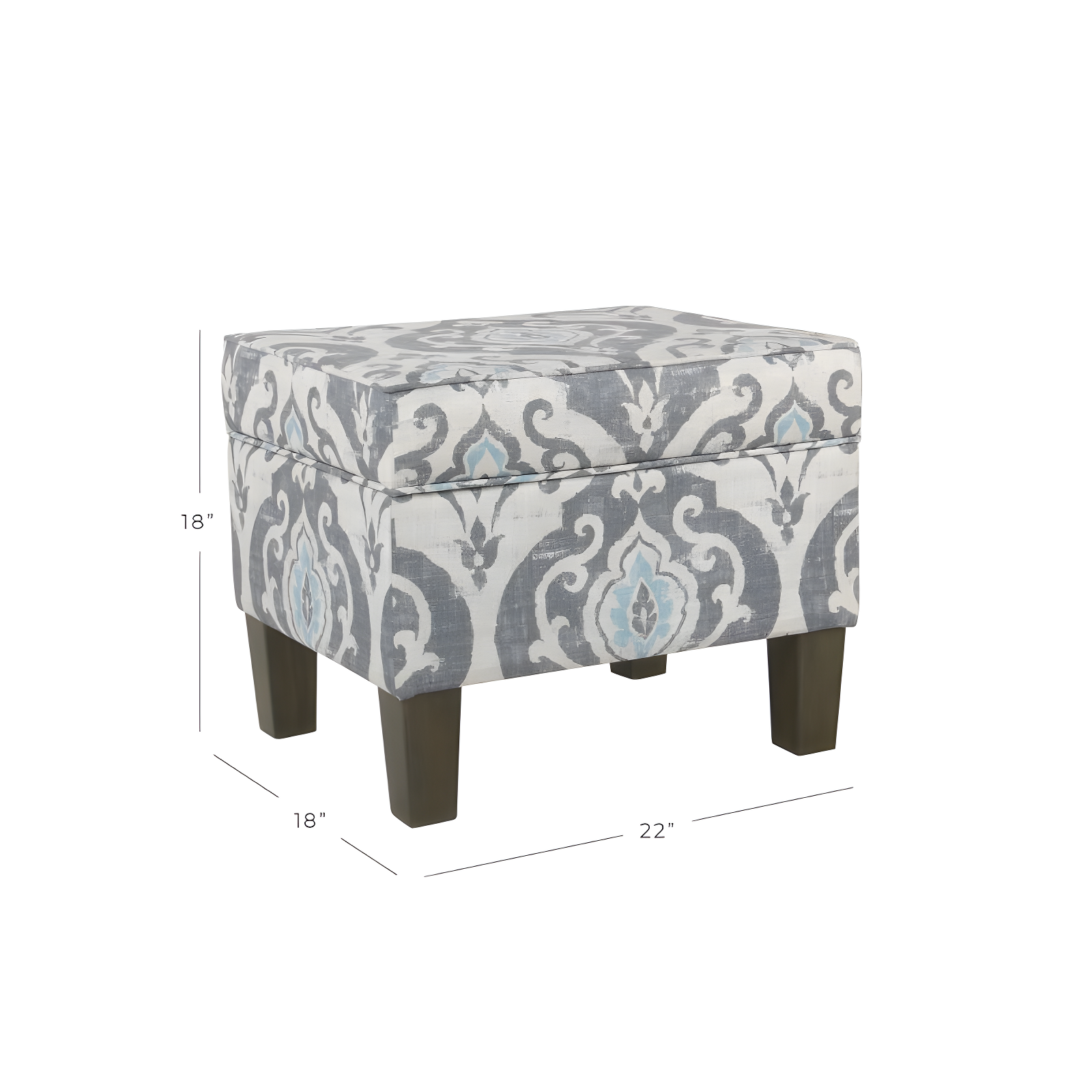 Medium Storage Ottoman Gray/Blue - HomePop: Upholstered Rectangular Footstool with Damask Pattern, Plywood & Hardwood Frame